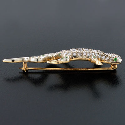 Edwardian 14kt Diamond & Demantoid Garnet Lizard Pin