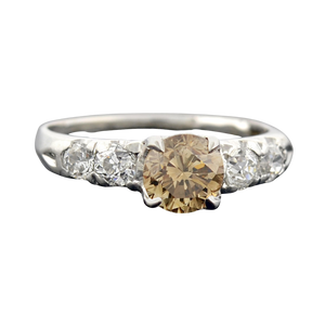 Late Art Deco Platinum Champagne Diamond Engagement Ring 1.09ct center