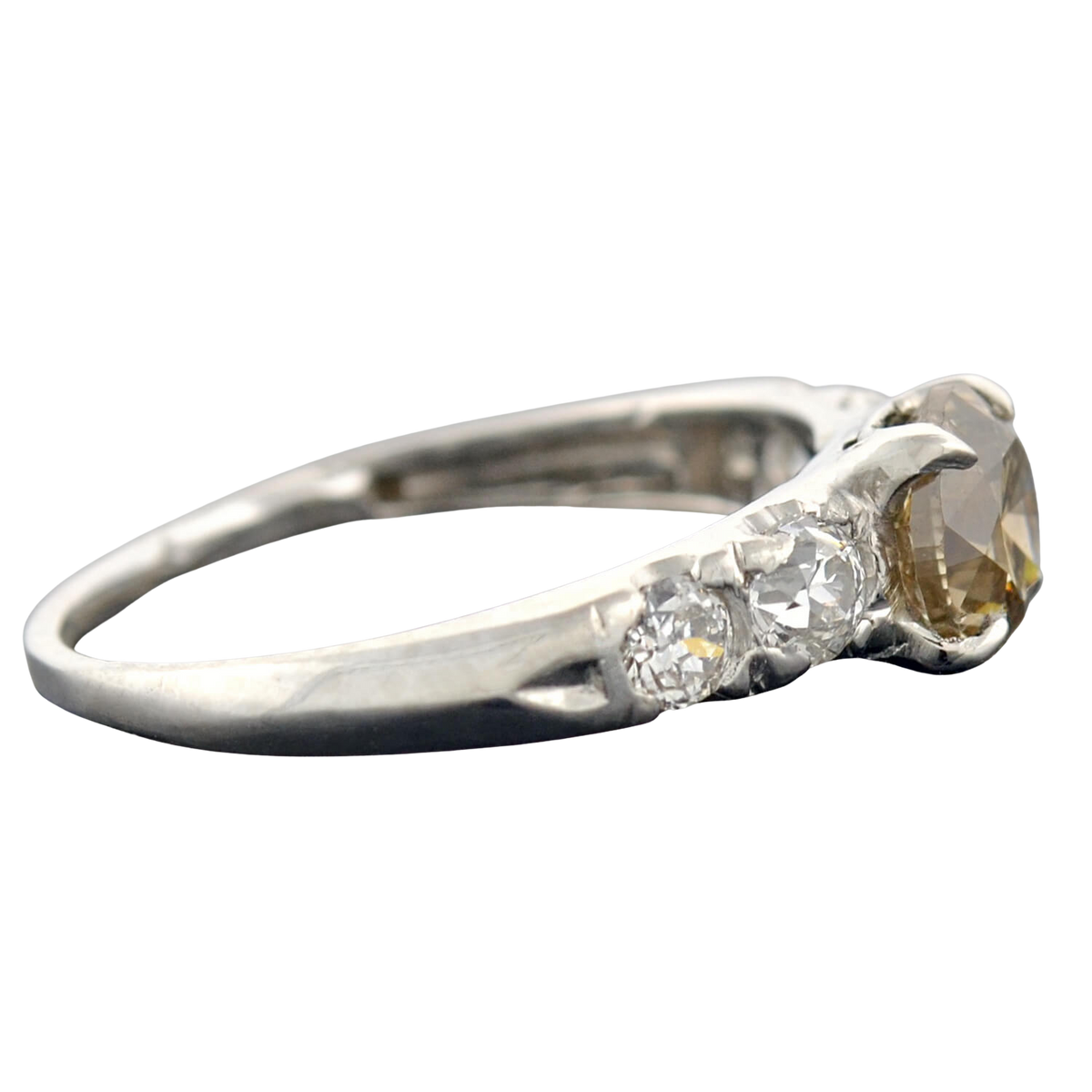 Late Art Deco Platinum Champagne Diamond Engagement Ring 1.09ct center