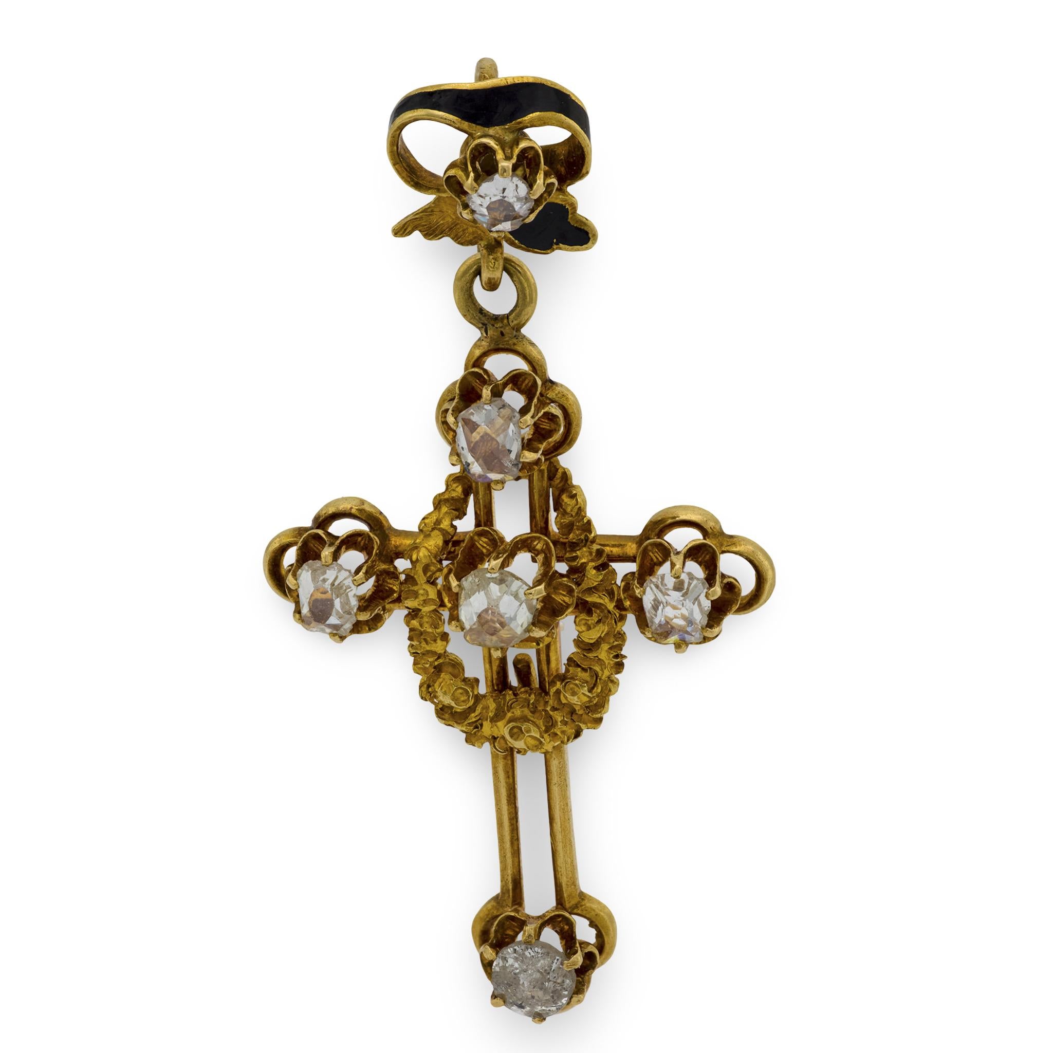 Victorian 14k Diamond and Enamel Cross Pendant/Charm