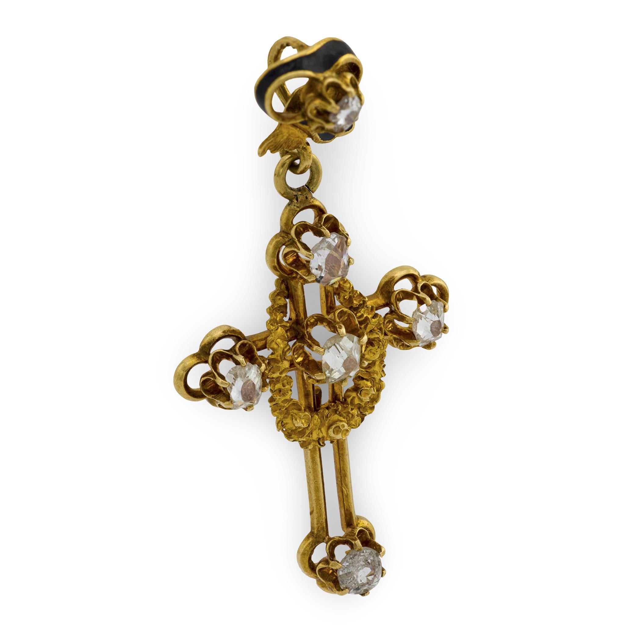 Victorian 14k Diamond and Enamel Cross Pendant/Charm