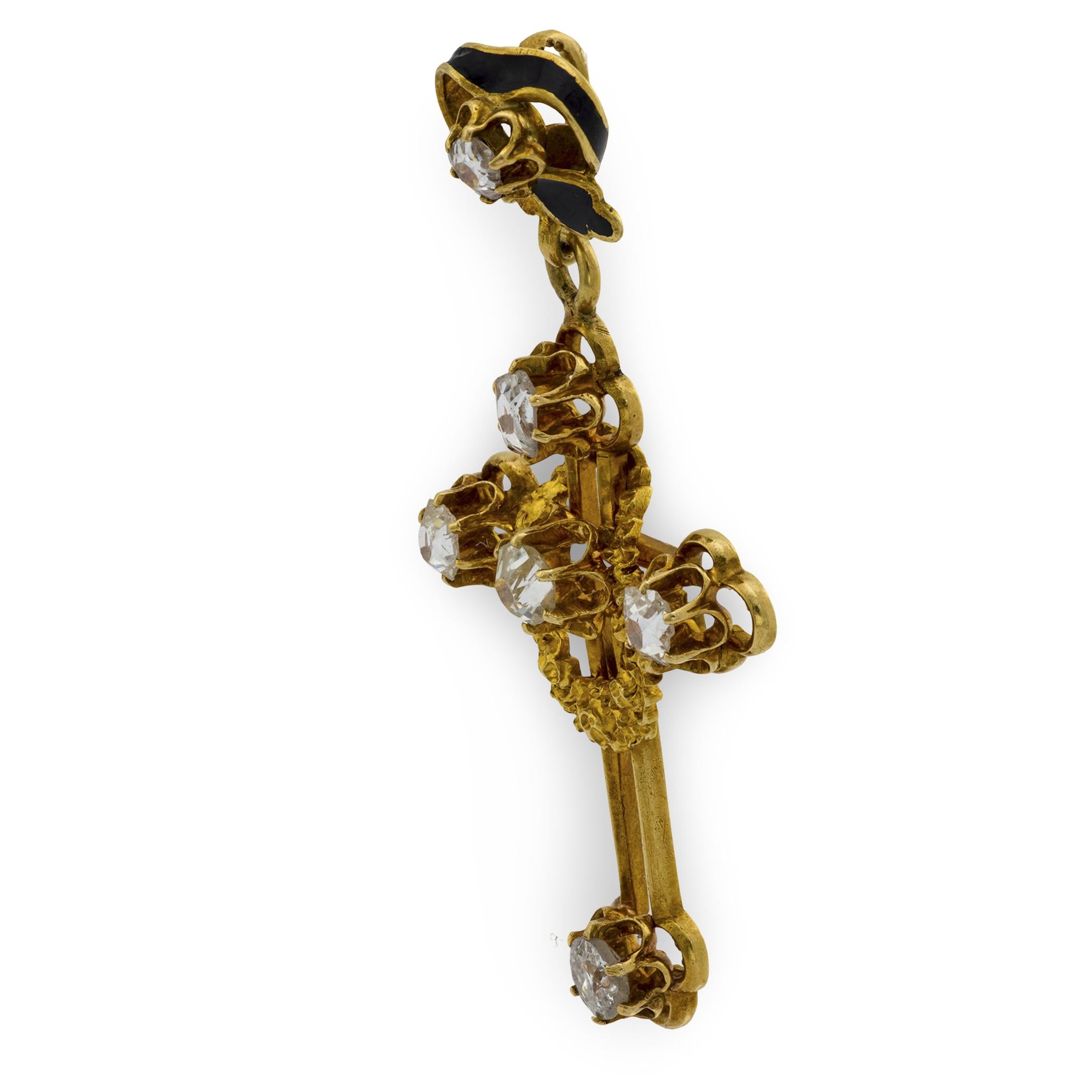 Victorian 14k Diamond and Enamel Cross Pendant/Charm