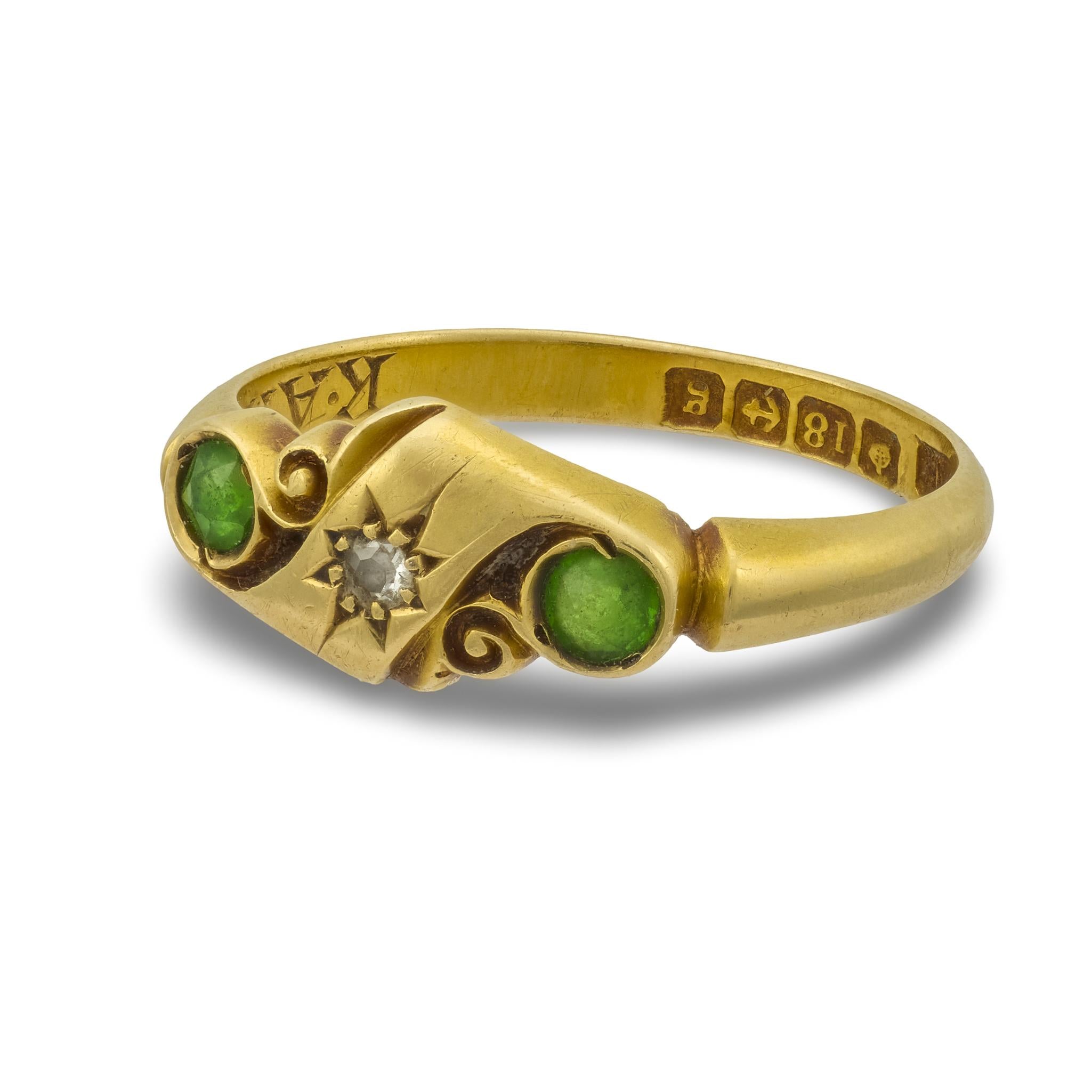 Art Nouveau English 18k Demantoid Garnet & Diamond Ring