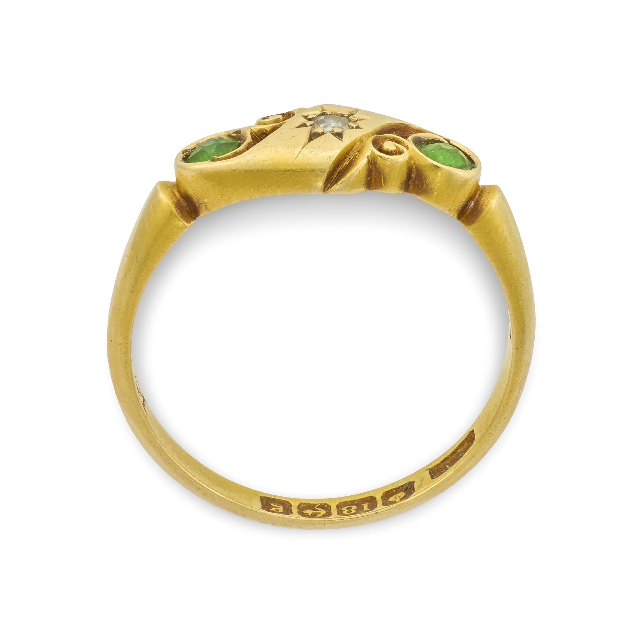 Art Nouveau English 18k Demantoid Garnet & Diamond Ring