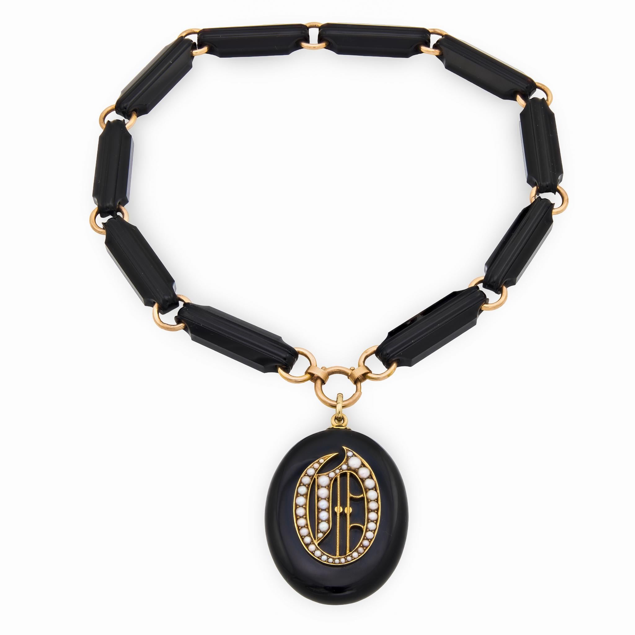 Victorian 14k Jet & Pearl Locket Pendant Necklace