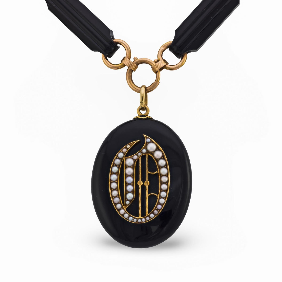Victorian 14k Jet & Pearl Locket Pendant Necklace