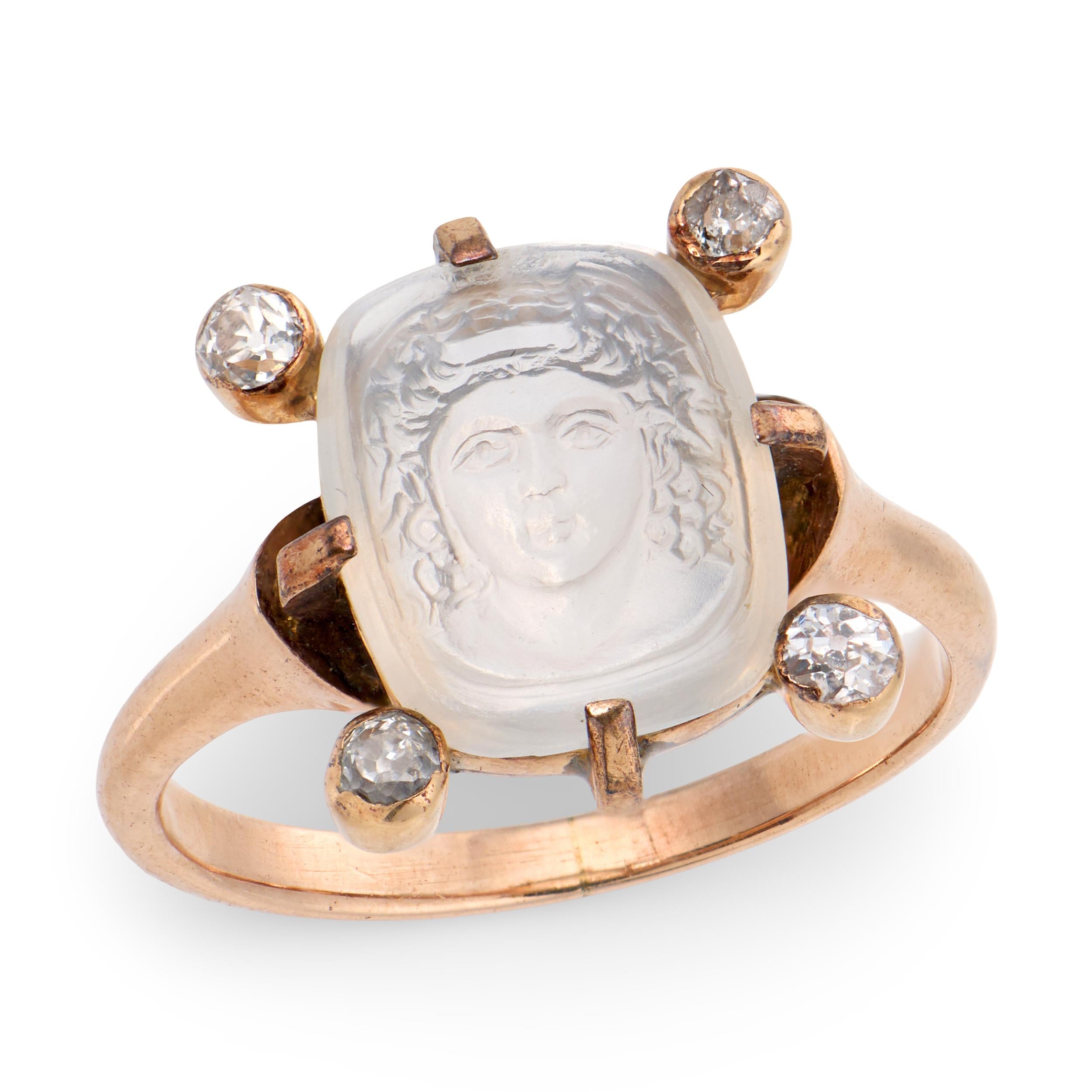 Art Nouveau 14k Moonstone & Diamond Intaglio Ring
