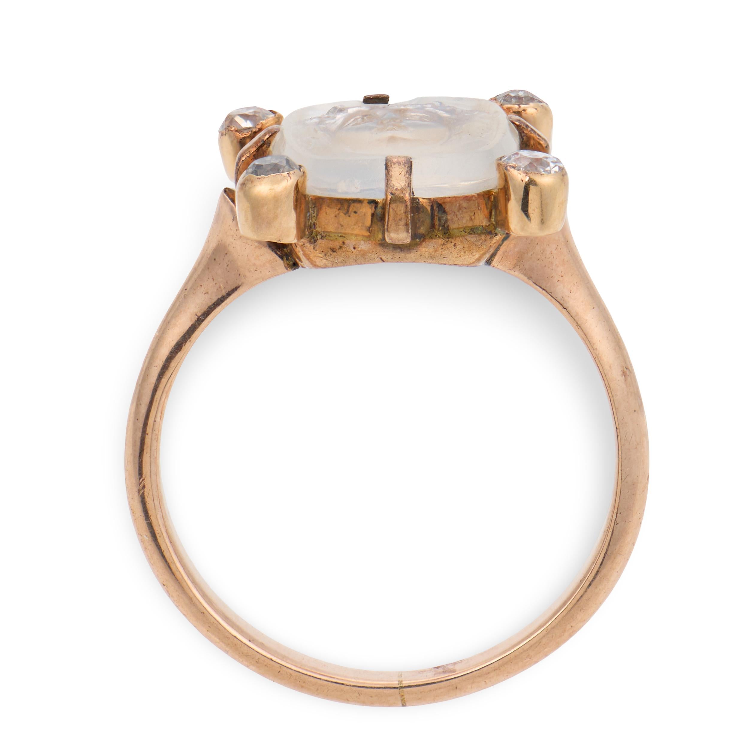 Art Nouveau 14k Moonstone & Diamond Intaglio Ring