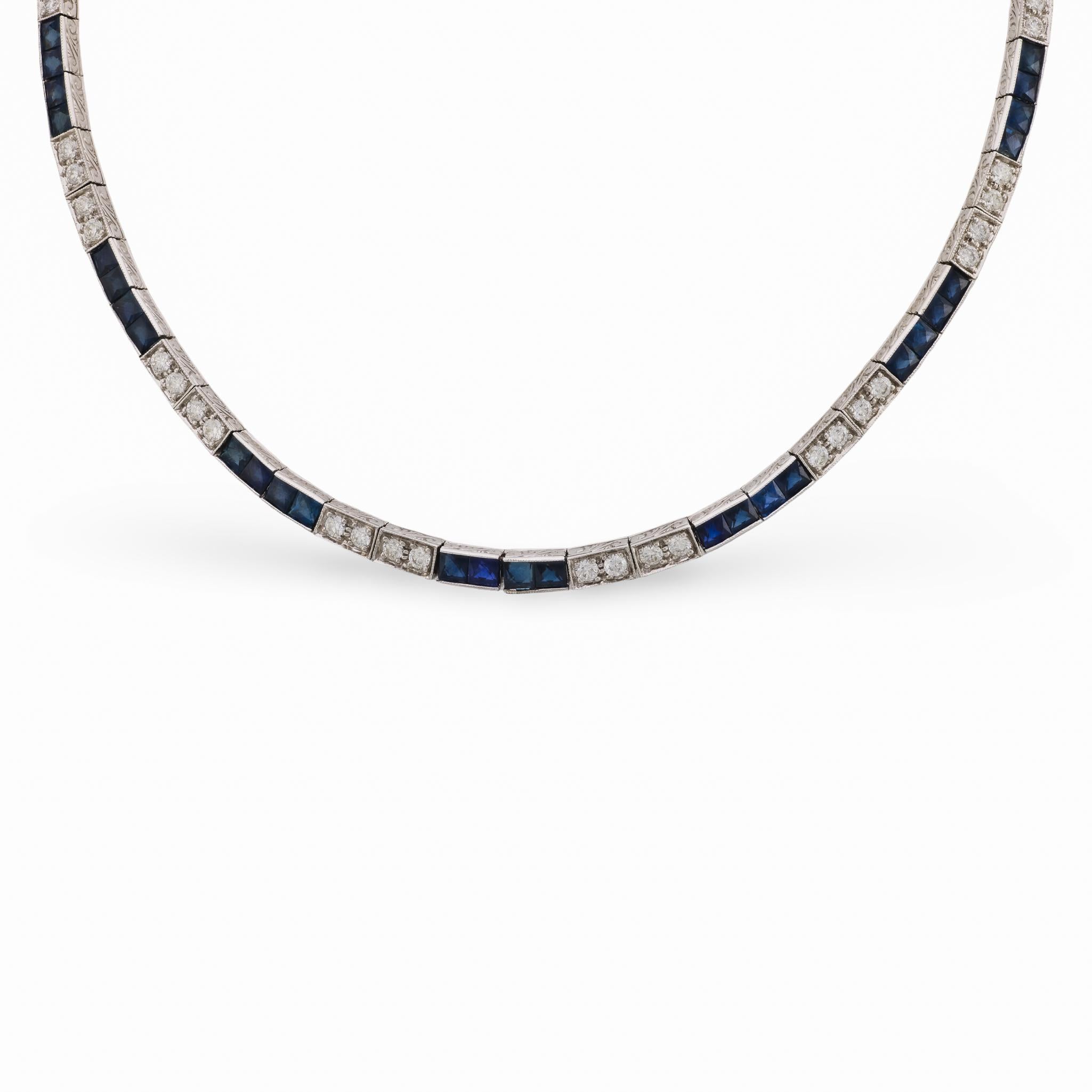 Art Deco 14k Diamond & Sapphire Tennis Necklace