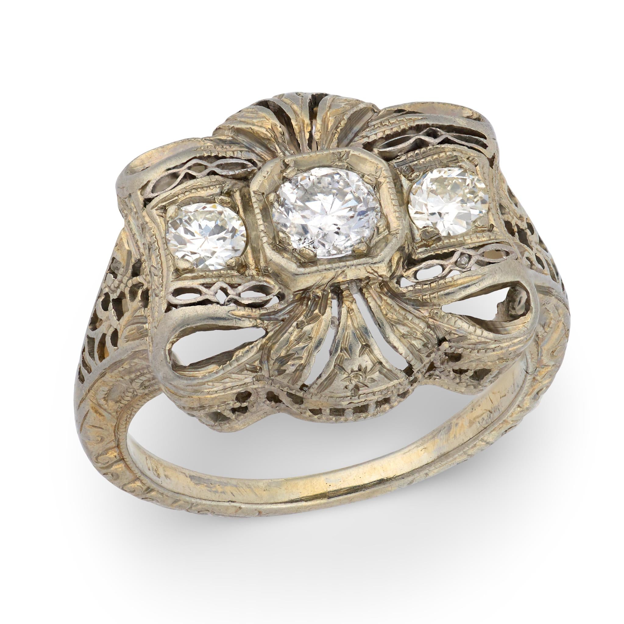 Art Deco 18k Diamond Bow-Motif Ring
