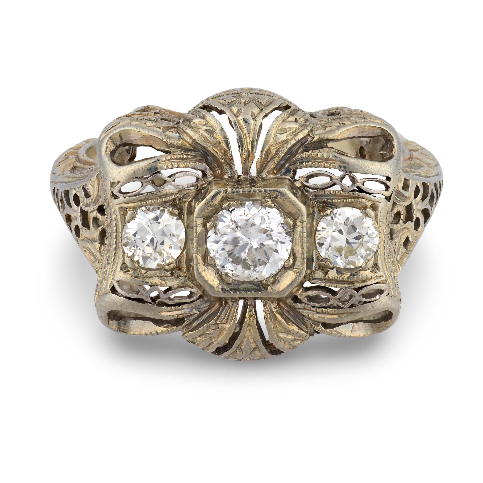 Art Deco 18k Diamond Bow-Motif Ring