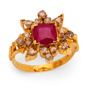 ANJANEY JEWELRY Estate Indian 22k Ruby & Diamond Ring
