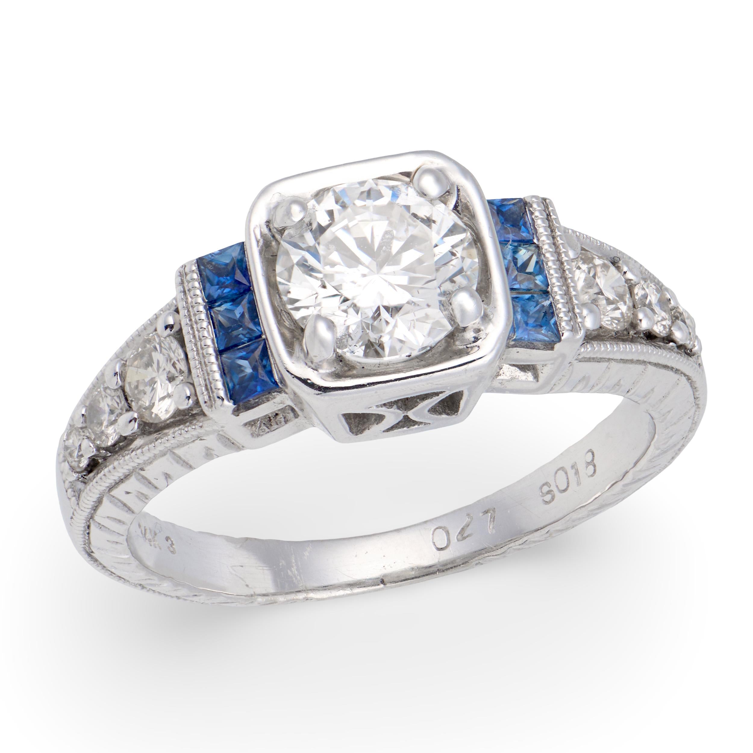 Estate 14k Diamond & Sapphire Engagement Ring .60ct