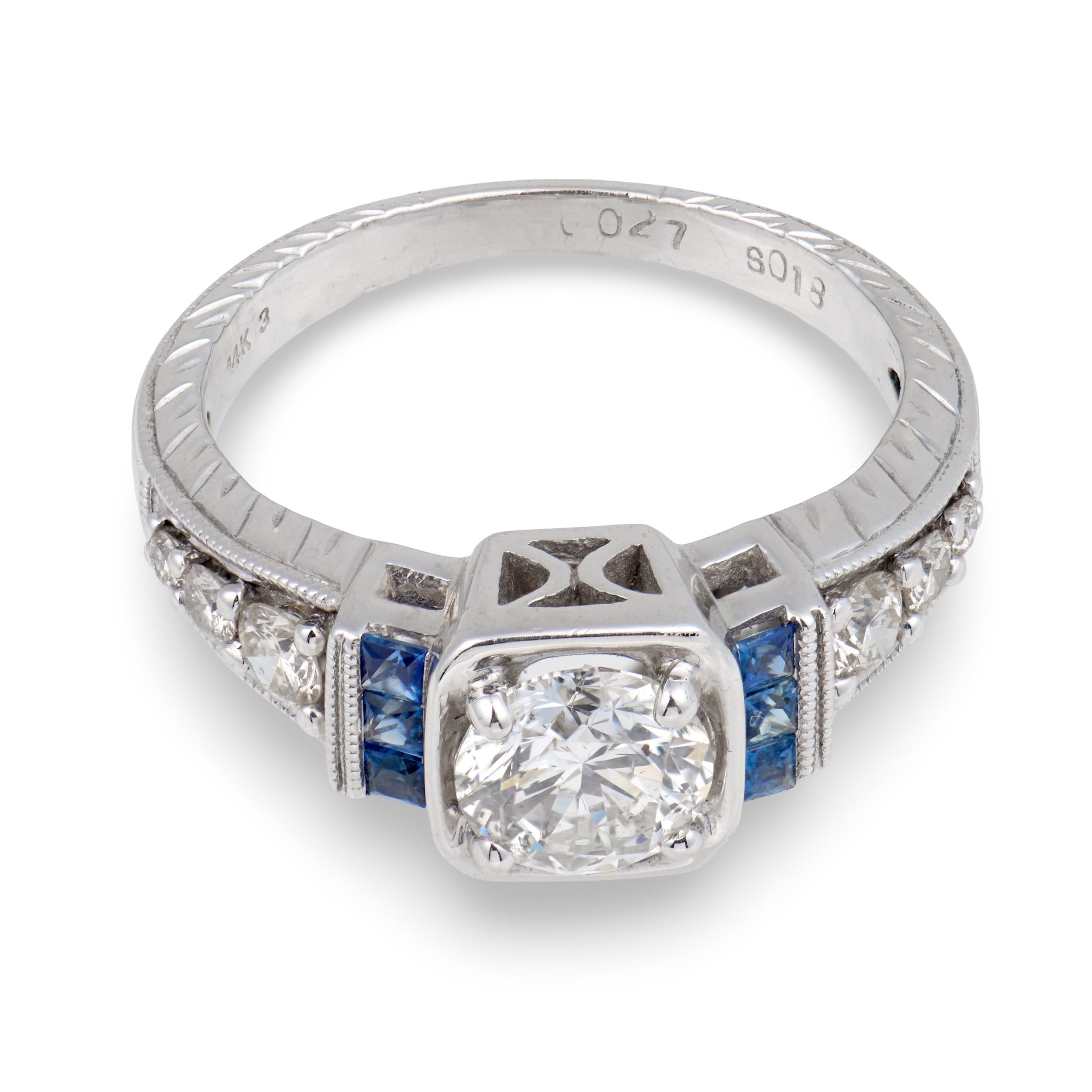 Estate 14k Diamond & Sapphire Engagement Ring .60ct