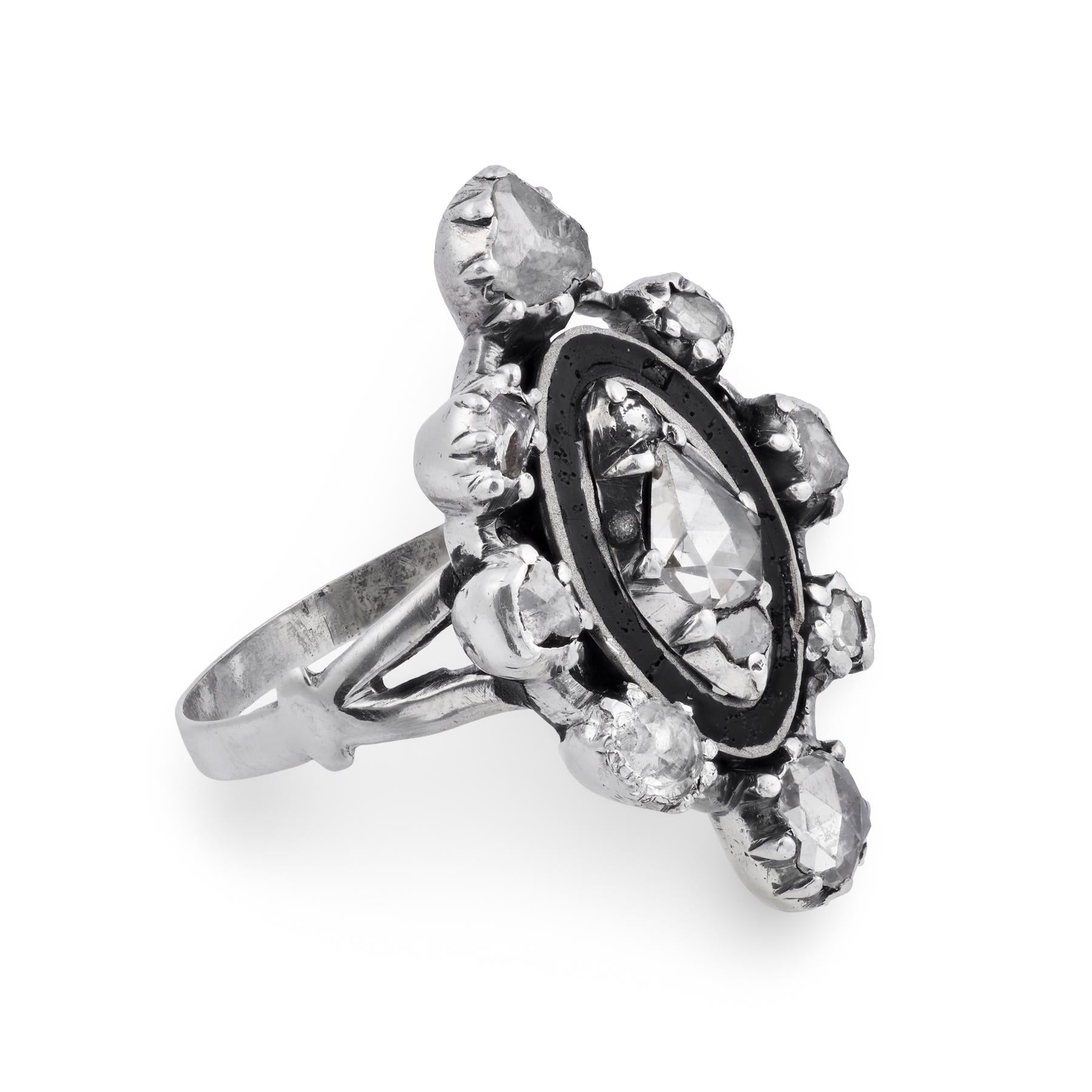 Georgian Sterling Silver Diamond & Enamel Navette Ring