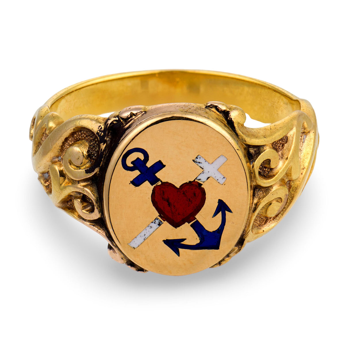 Victorian 15k Enamel "Faith, Hope, & Charity" Signet Ring