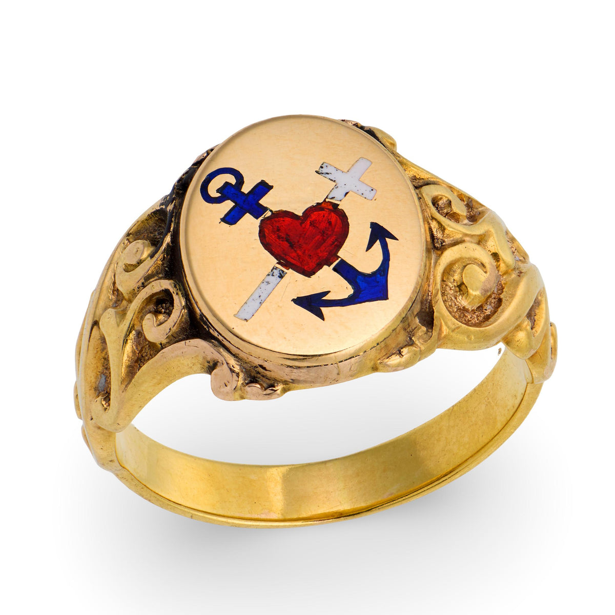 Victorian 15k Enamel "Faith, Hope, & Charity" Signet Ring