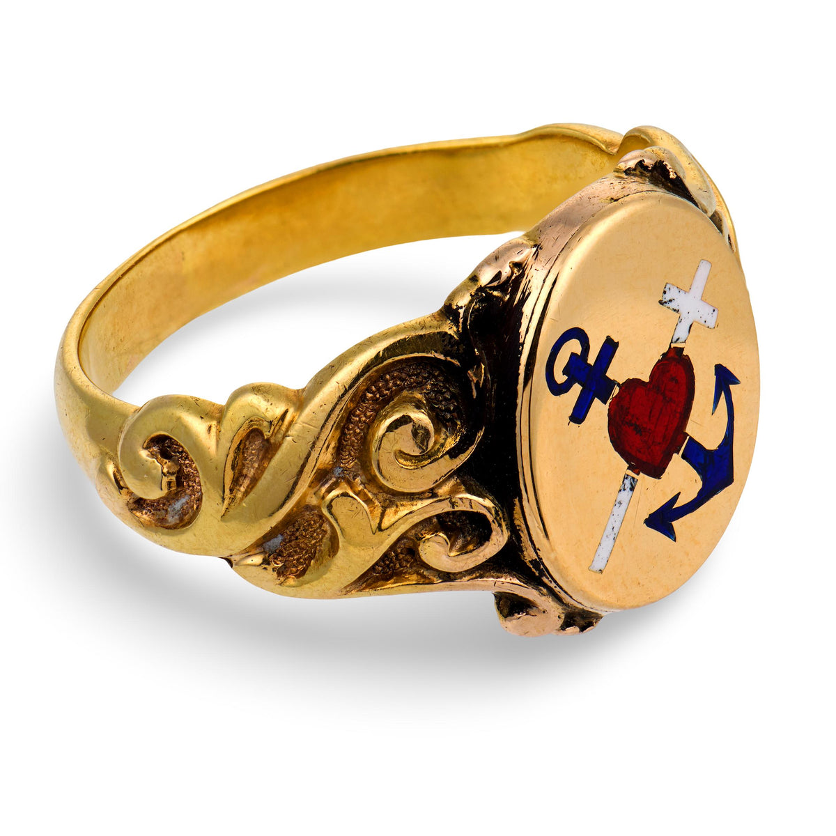 Victorian 15k Enamel "Faith, Hope, & Charity" Signet Ring