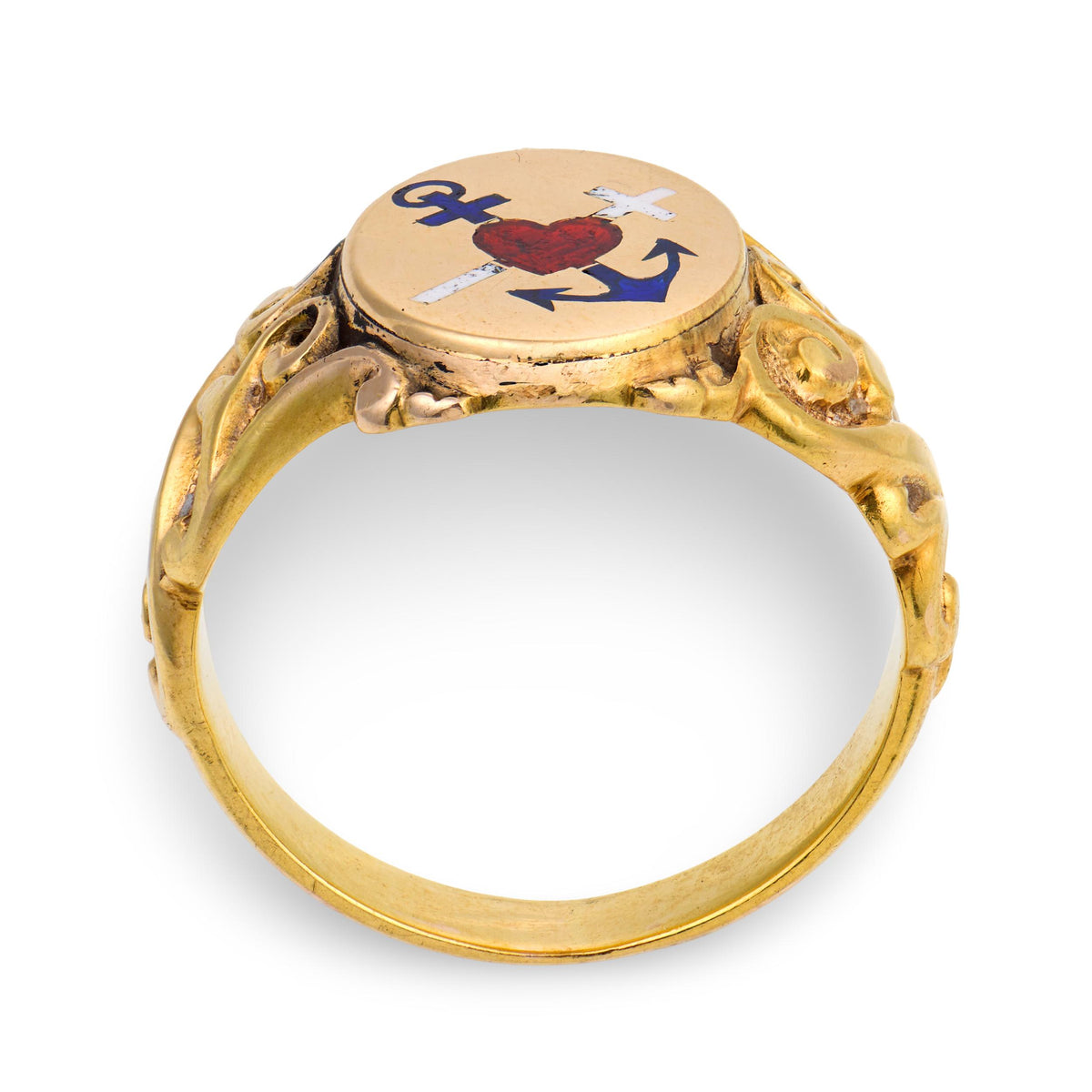 Victorian 15k Enamel "Faith, Hope, & Charity" Signet Ring