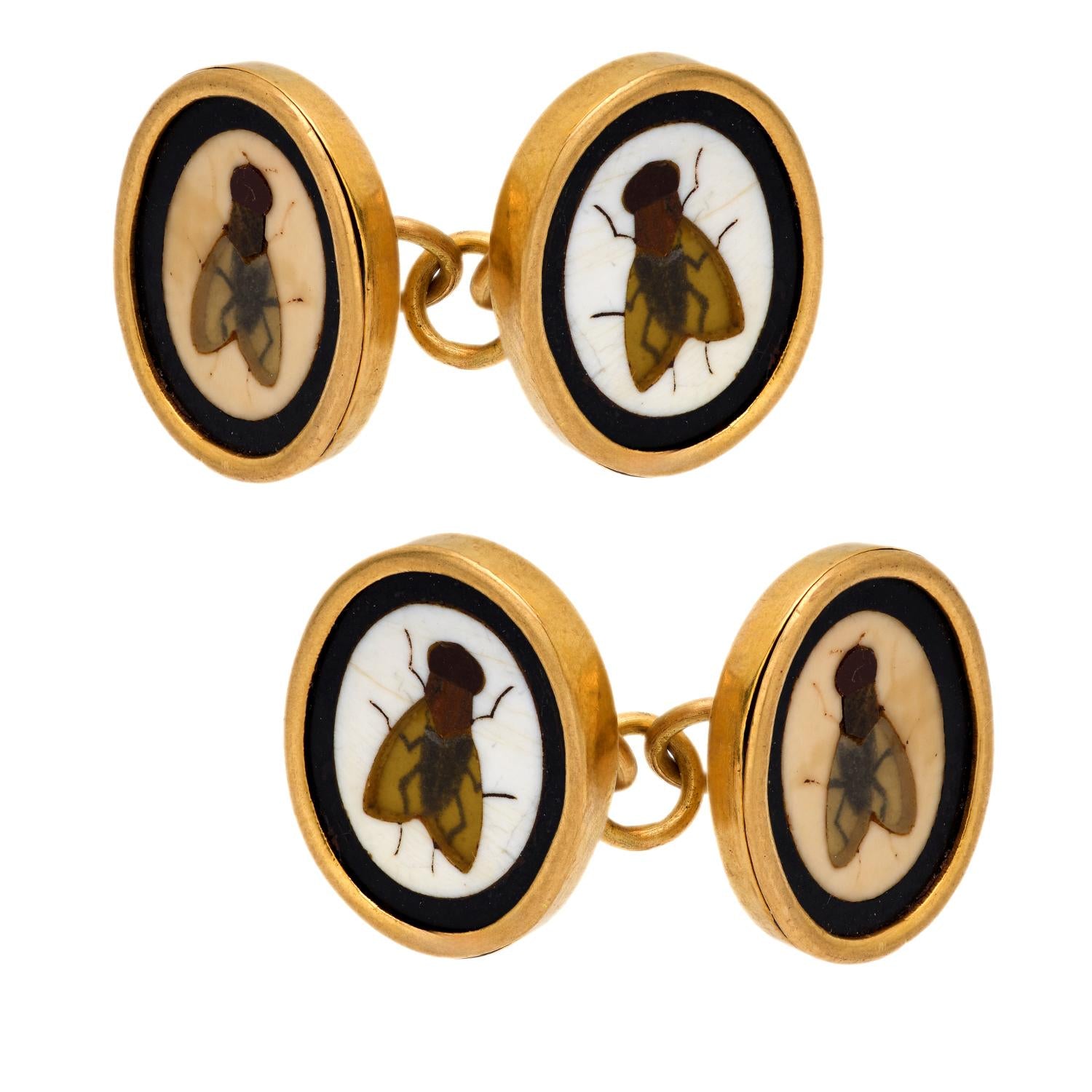 Victorian 18k Pietra Dura Fly Motif Cufflinks