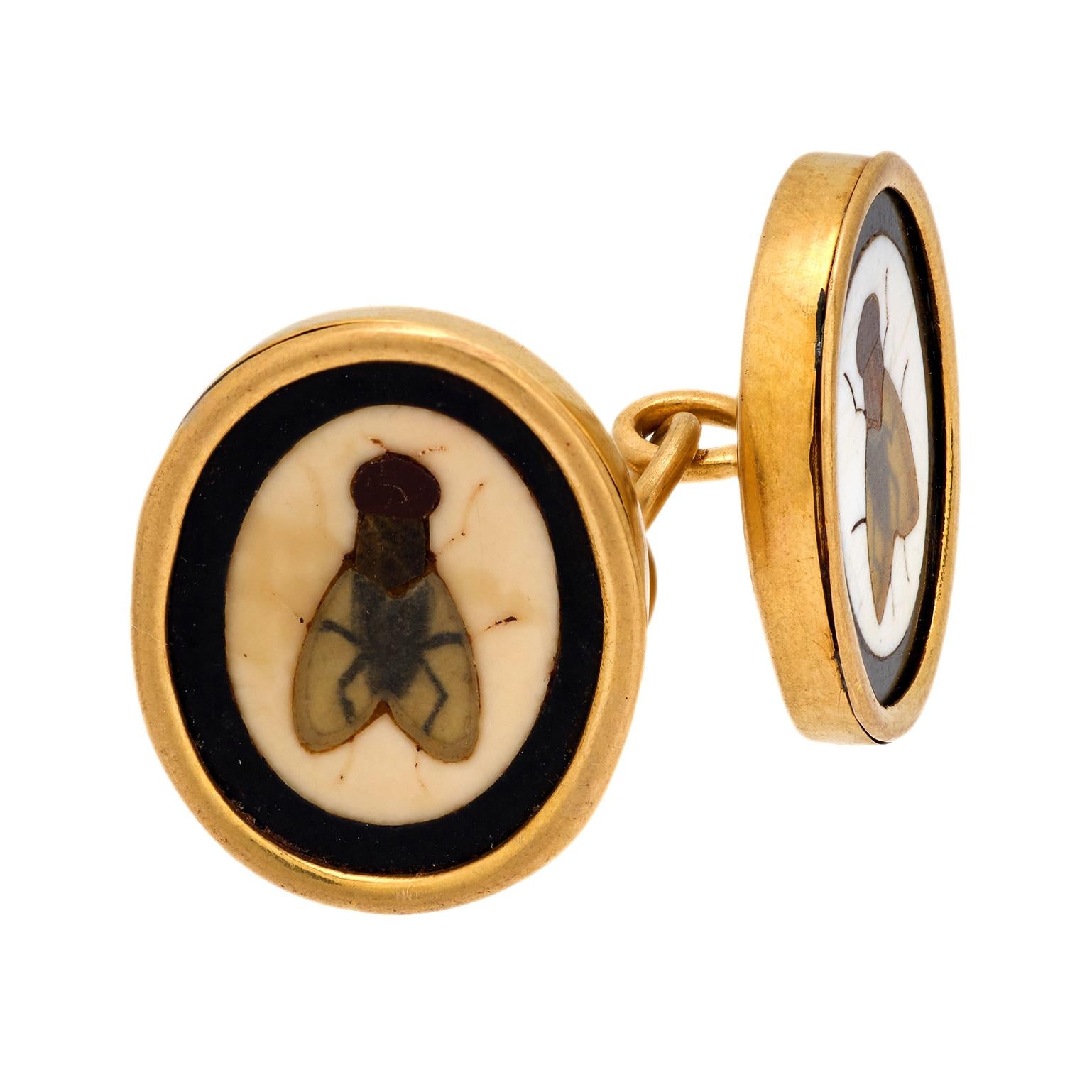 Victorian 18k Pietra Dura Fly Motif Cufflinks