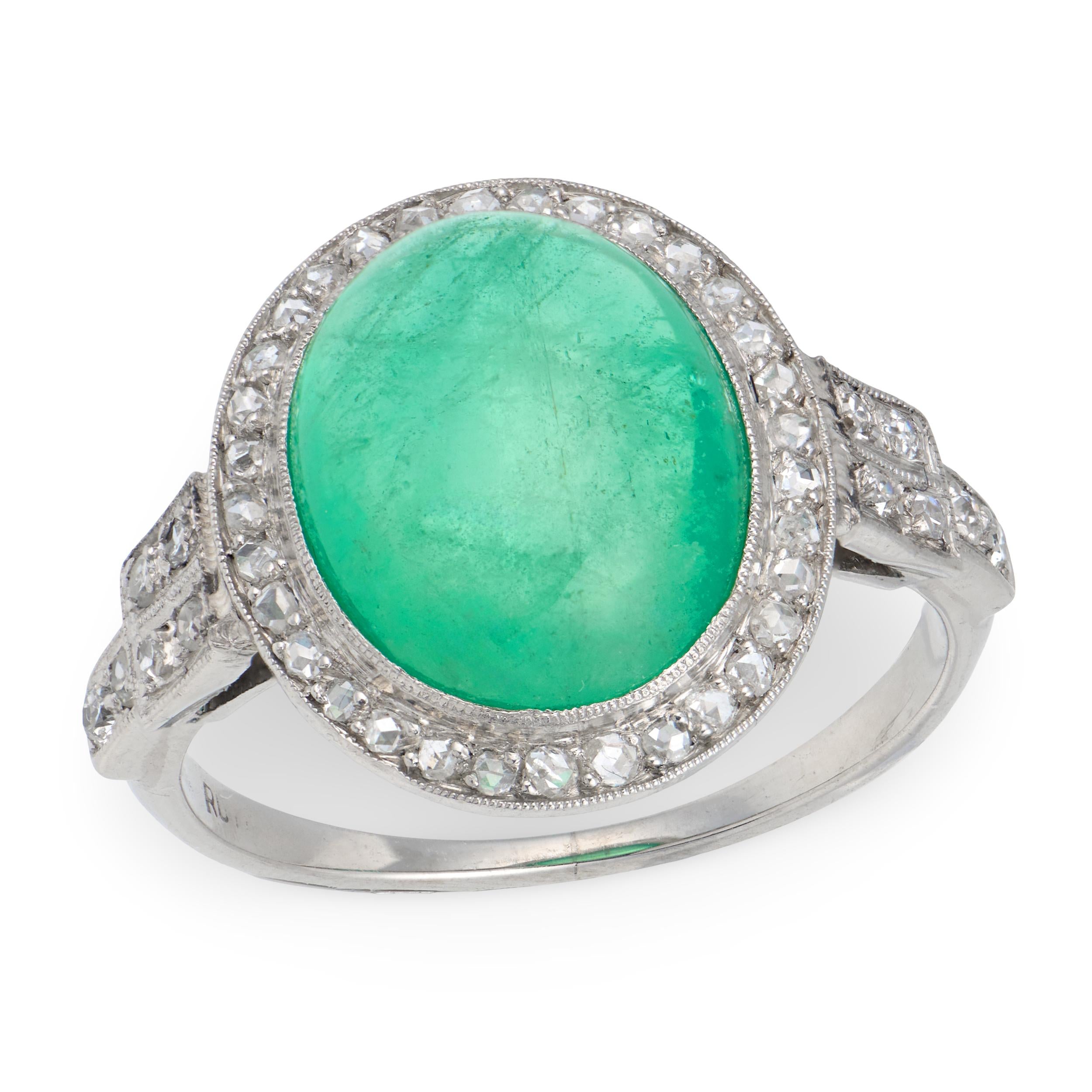 Art Deco Platinum Emerald & Diamond Halo Ring
