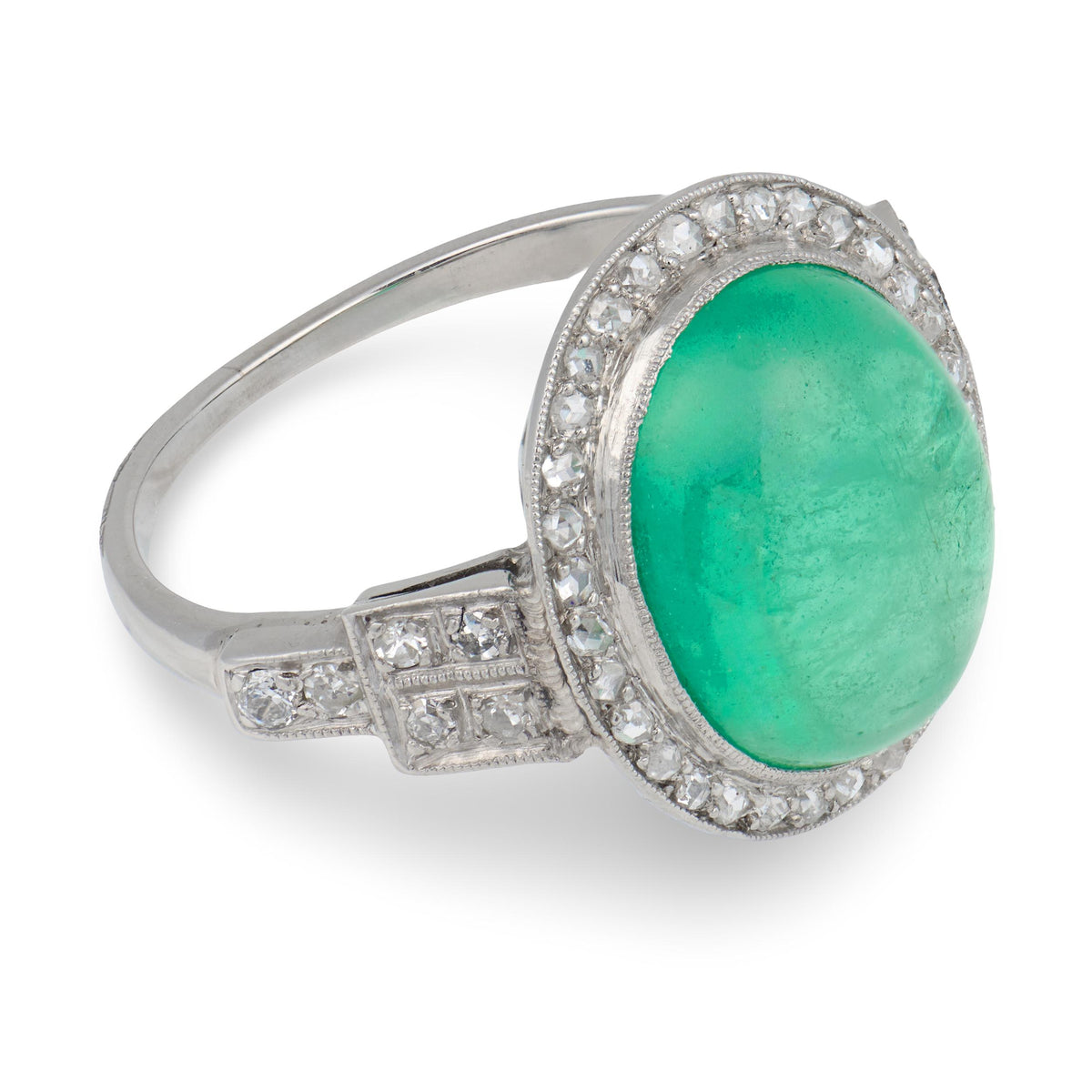 Art Deco Platinum Emerald & Diamond Halo Ring