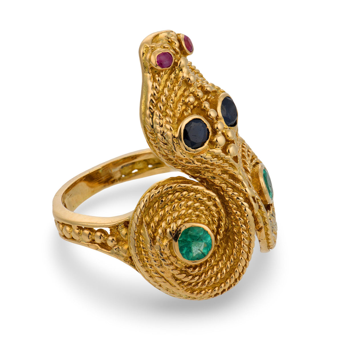 LALOUNIS Estate Greek 18k Sapphire, Ruby, & Emerald Snake Ring
