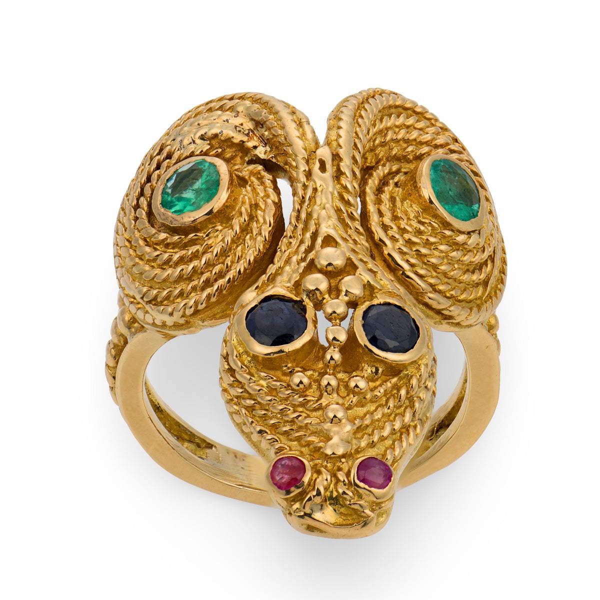 LALOUNIS Estate Greek 18k Sapphire, Ruby, & Emerald Snake Ring