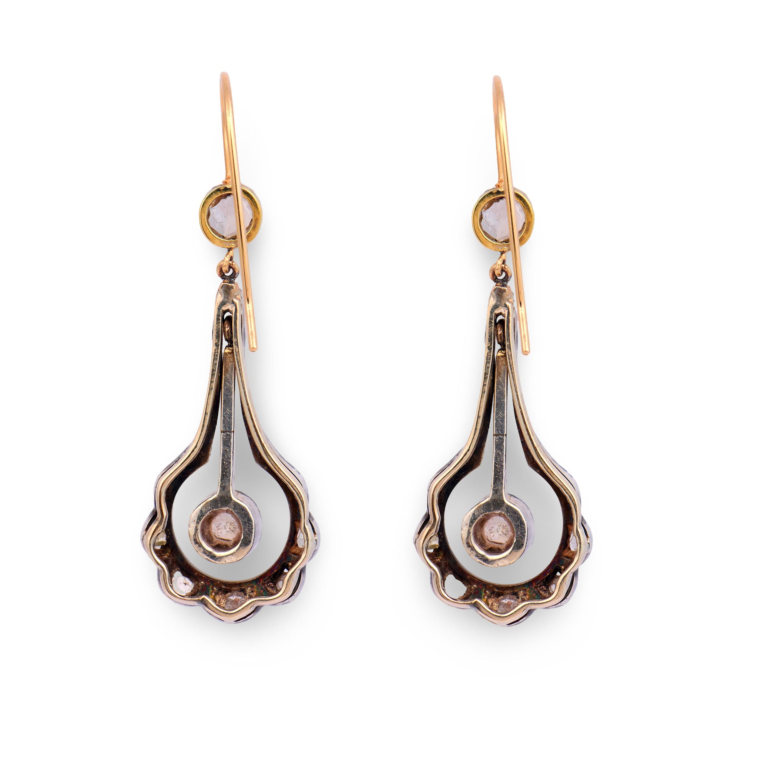 Victorian 14k/Sterling Silver Diamond Drop Earrings