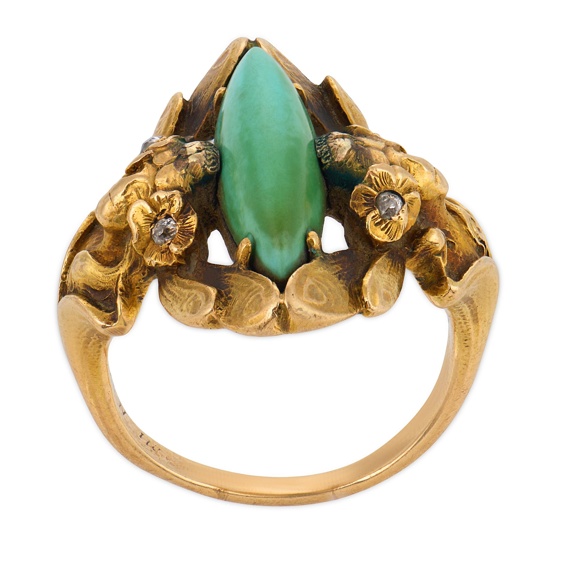 Art Nouveau 14k Turquoise & Diamond Navette Ring
