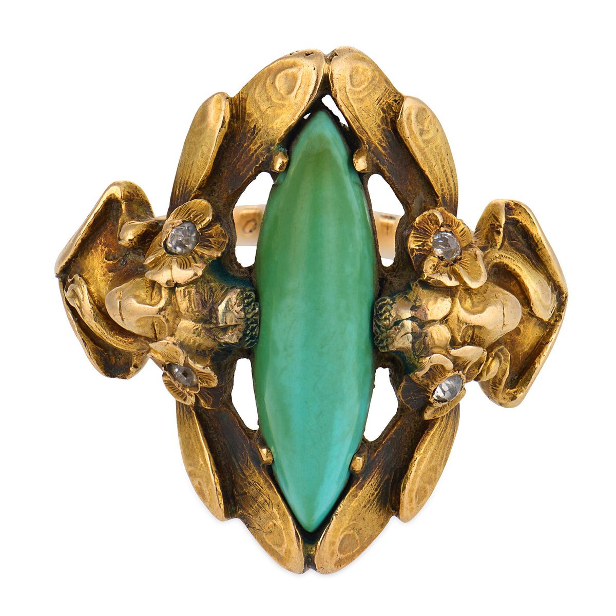 Art Nouveau 14k Turquoise & Diamond Navette Ring