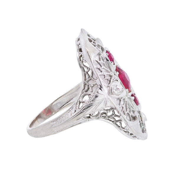 Edwardian 18k Three-Stone Garnet + Diamond Navette Ring