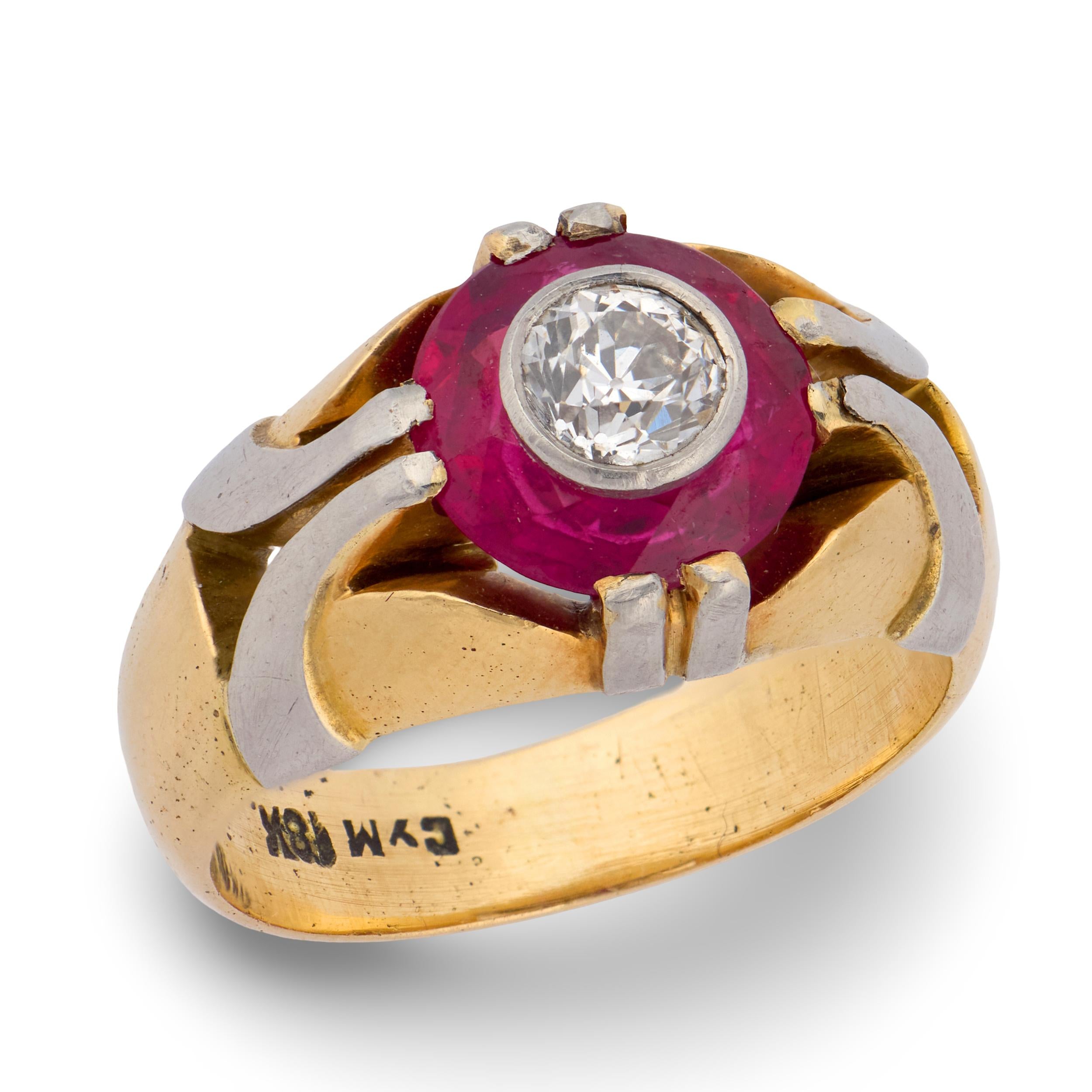 Edwardian 18k Diamond & Ruby Engagement Ring .40ct
