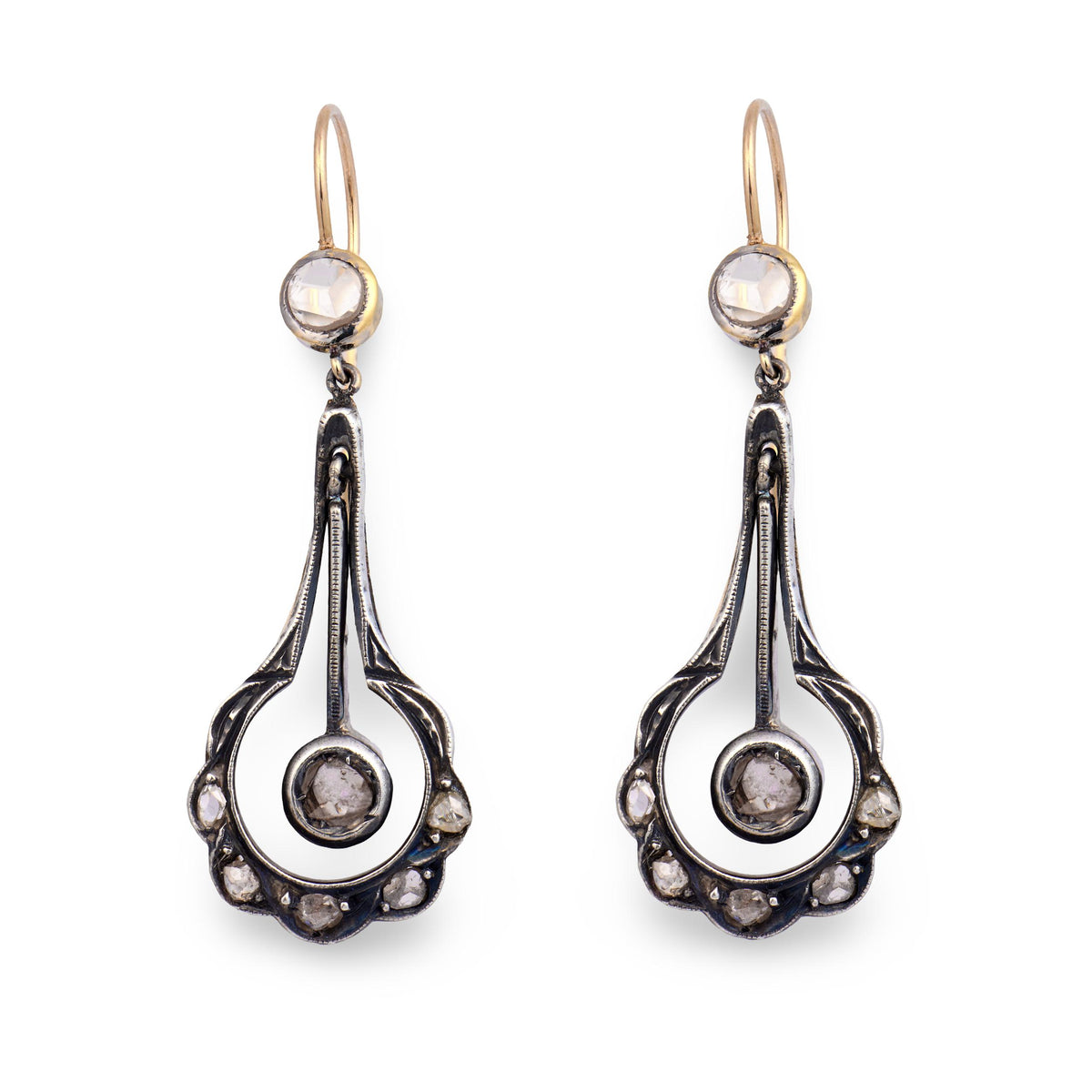 Victorian 14k/Sterling Silver Diamond Drop Earrings