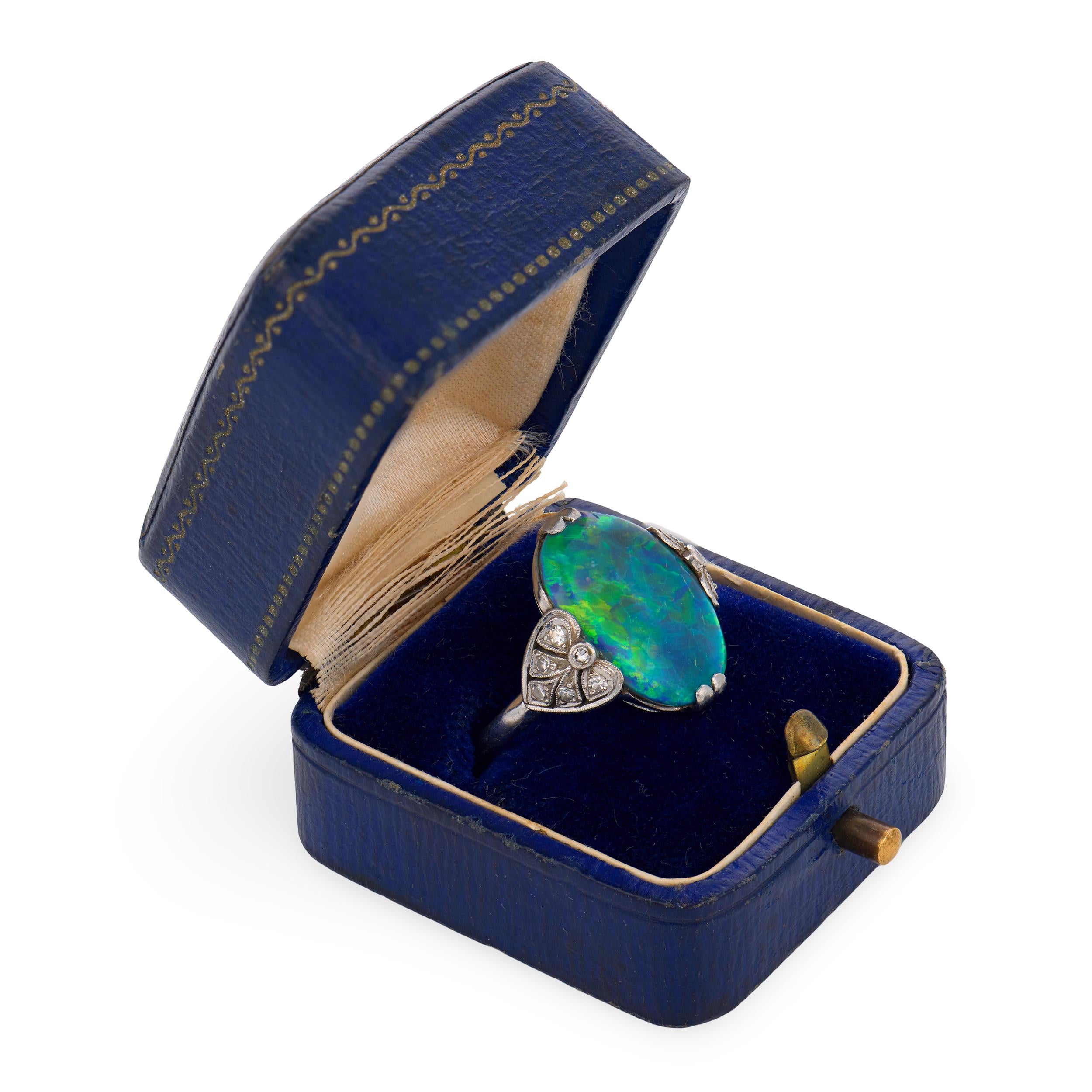 Edwardian Platinum Lightning Ridge Opal & Diamond Ring