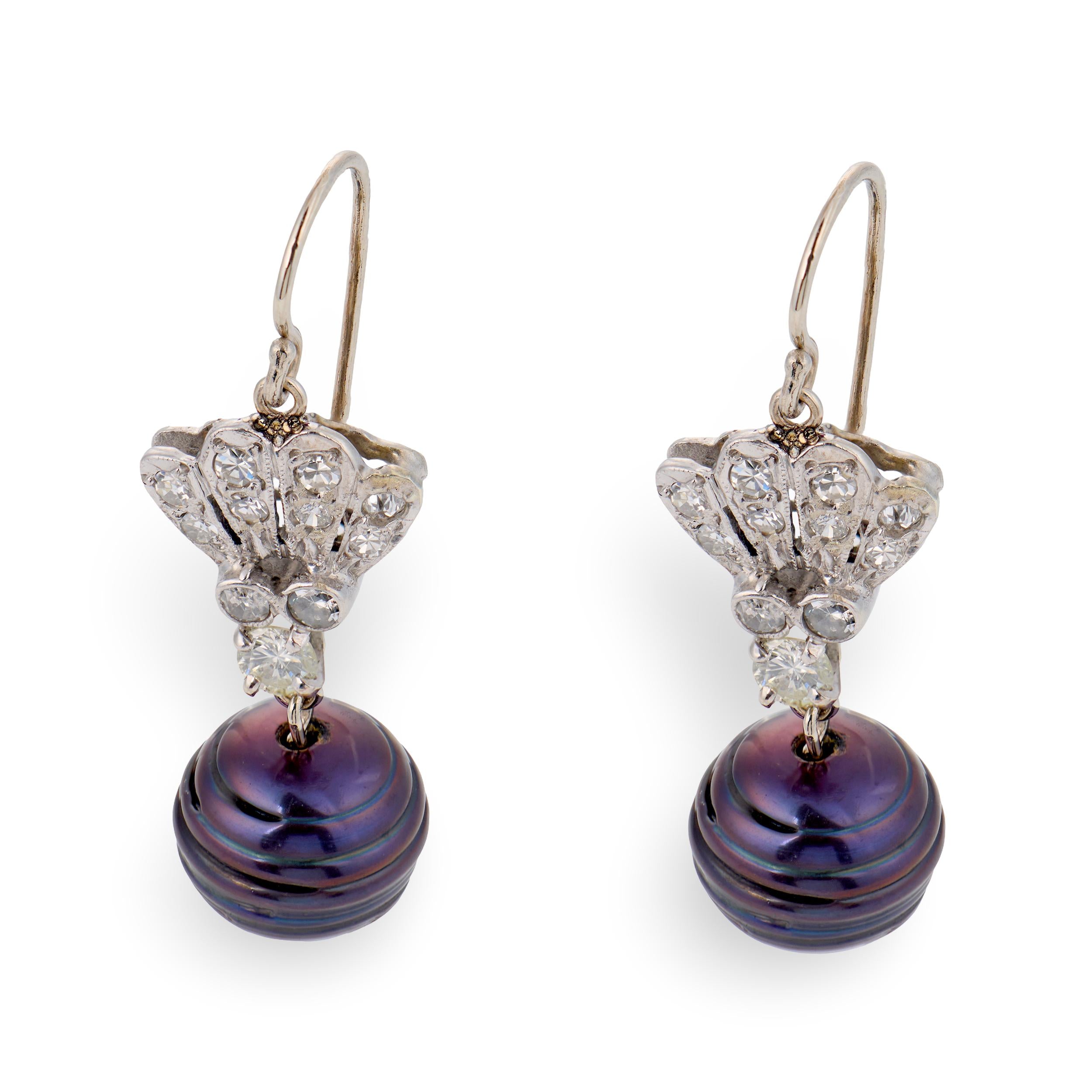 Art Deco 14k Diamond & Black Tahitian Pearl Drop Earrings