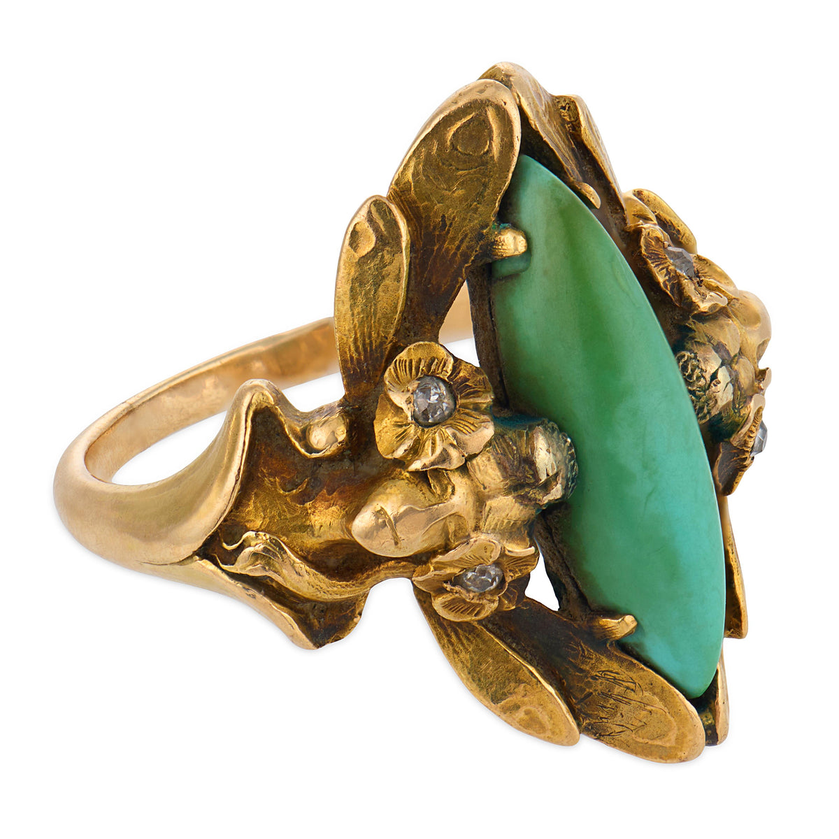 Art Nouveau 14k Turquoise & Diamond Navette Ring