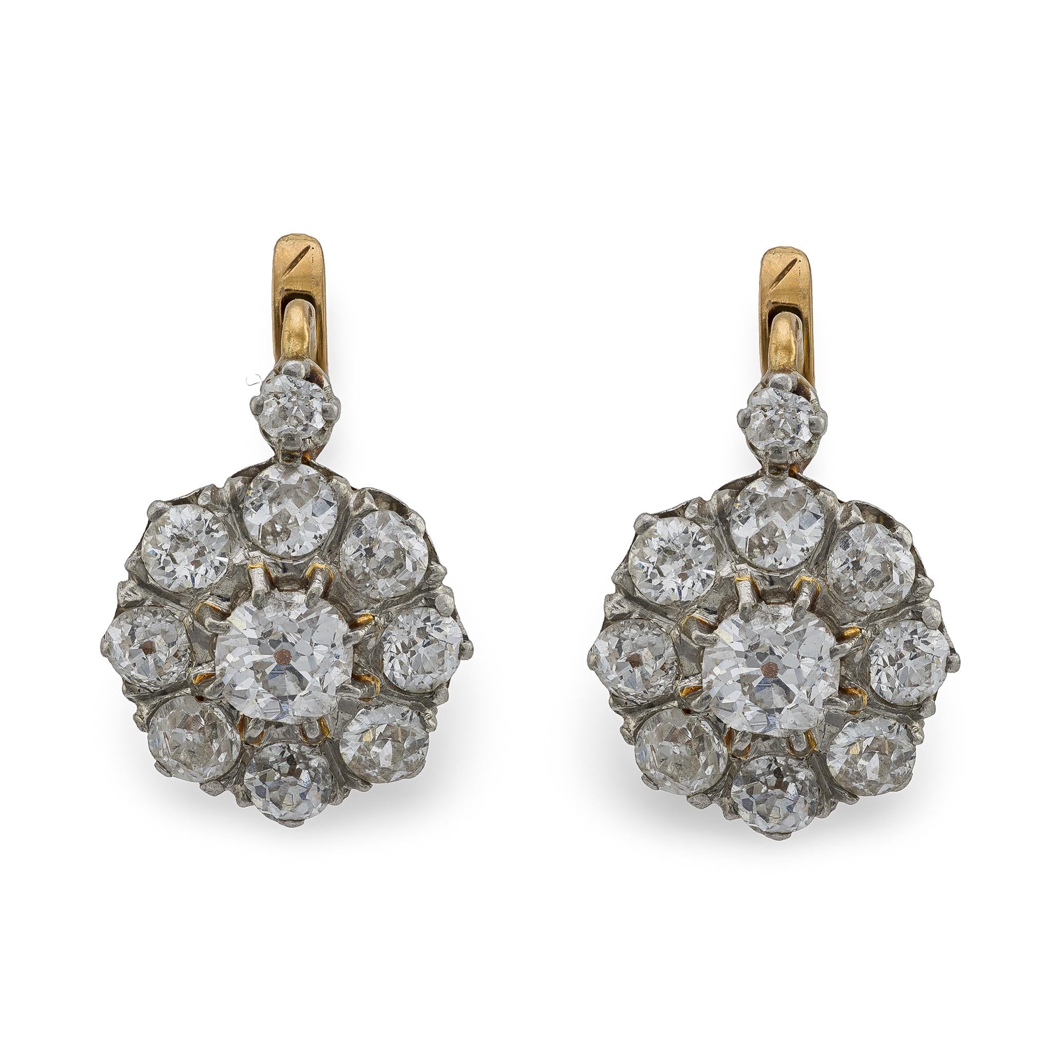 Edwardian French 18k/Platinum Diamond Cluster Earrings 2.50ctw