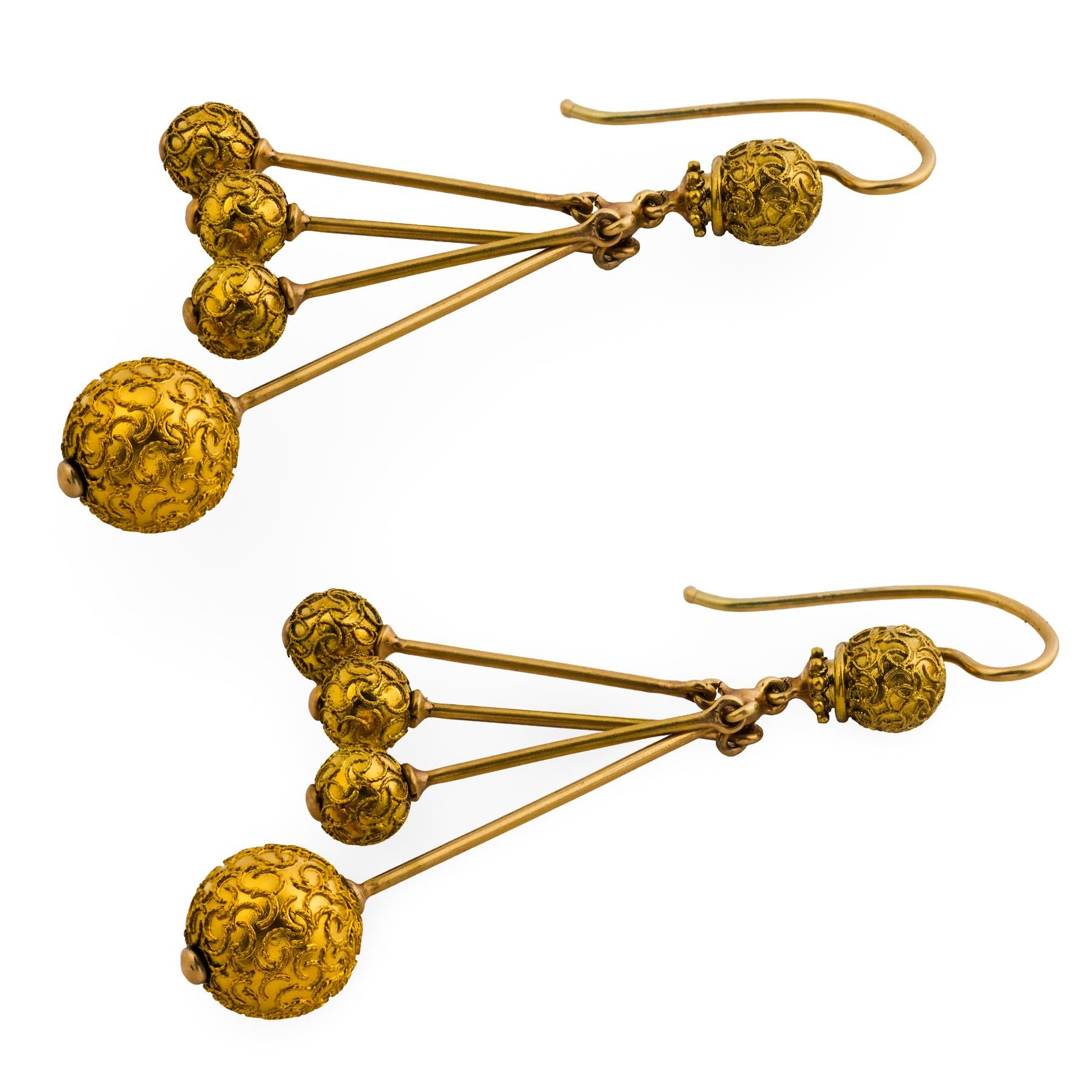 Victorian 14k Etruscan Ball-Motif Dangle Earrings