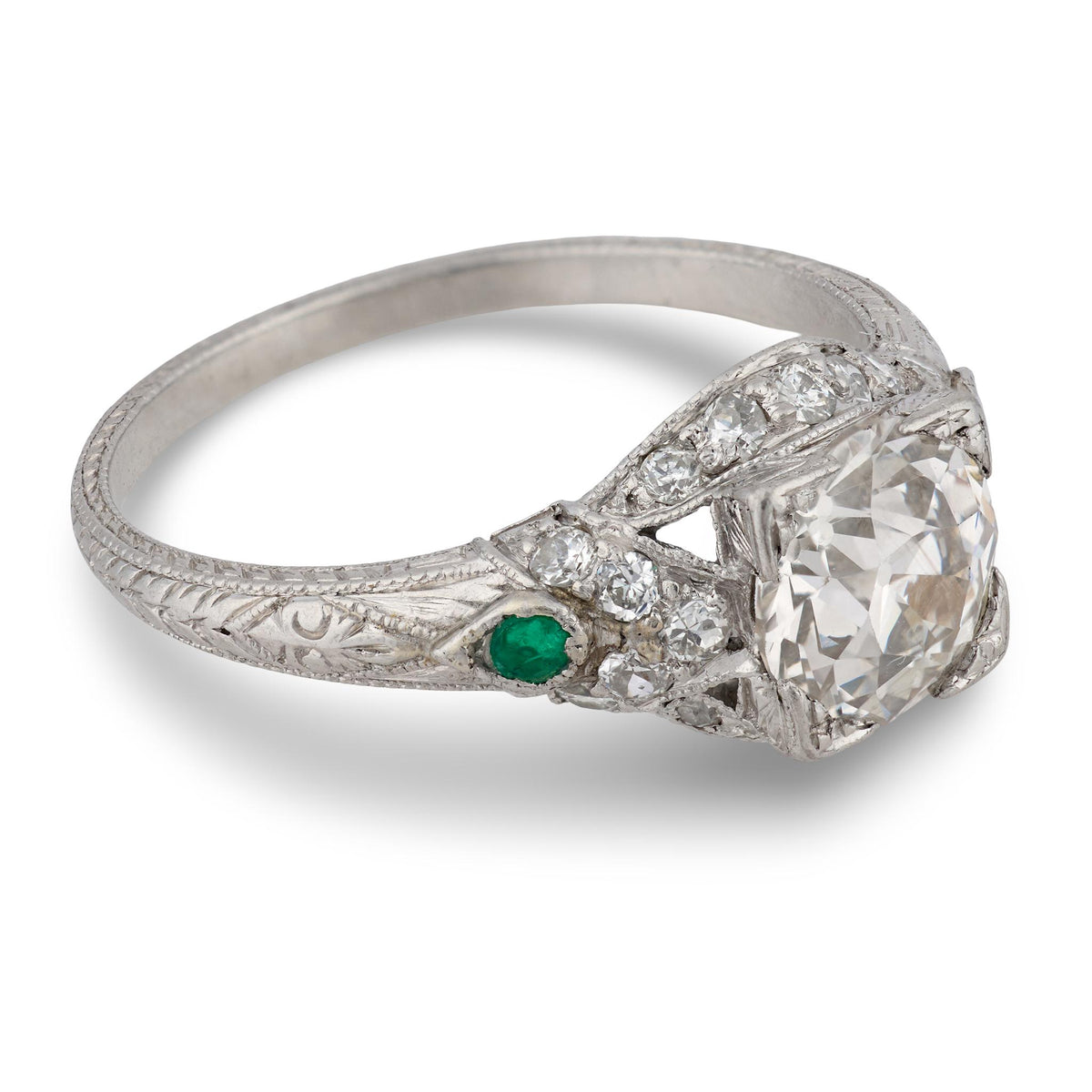 Art Deco Platinum Diamond & Emerald Engagement Ring 1.59ct