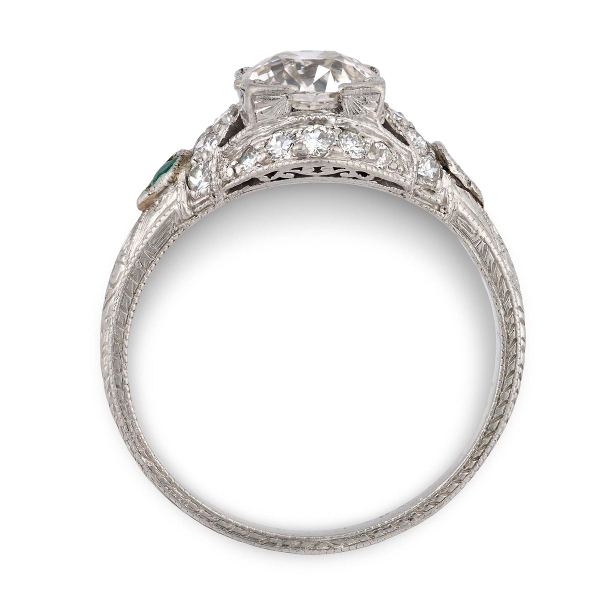 Art Deco Platinum Diamond & Emerald Engagement Ring 1.59ct