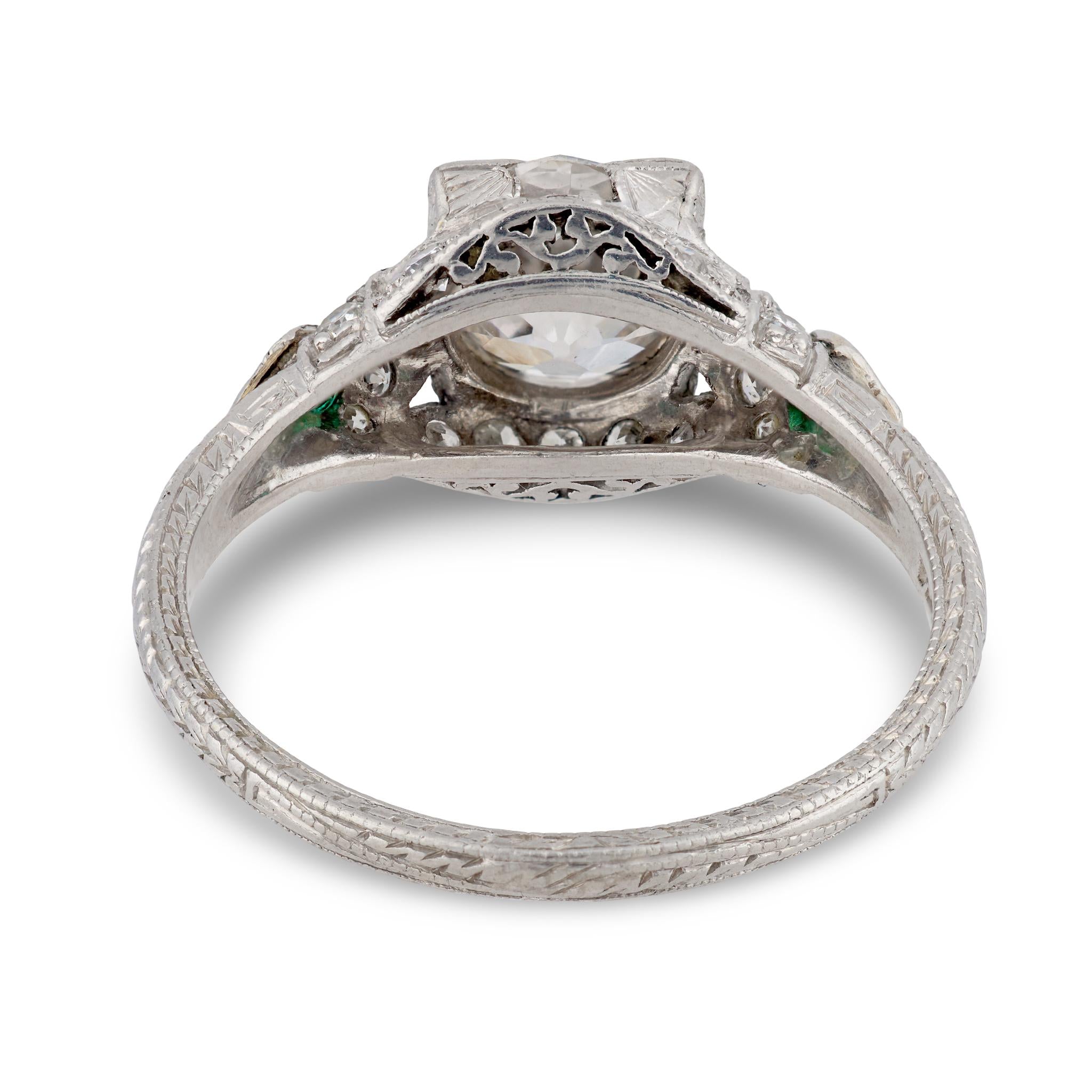 Art Deco Platinum Diamond & Emerald Engagement Ring 1.59ct