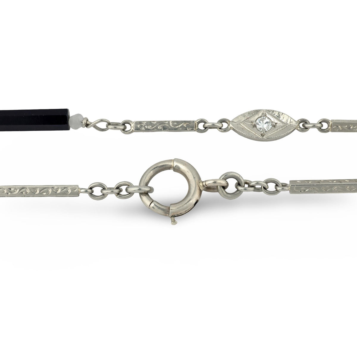 Art Deco 14k Diamond, Onyx, and Agate Chain Necklace
