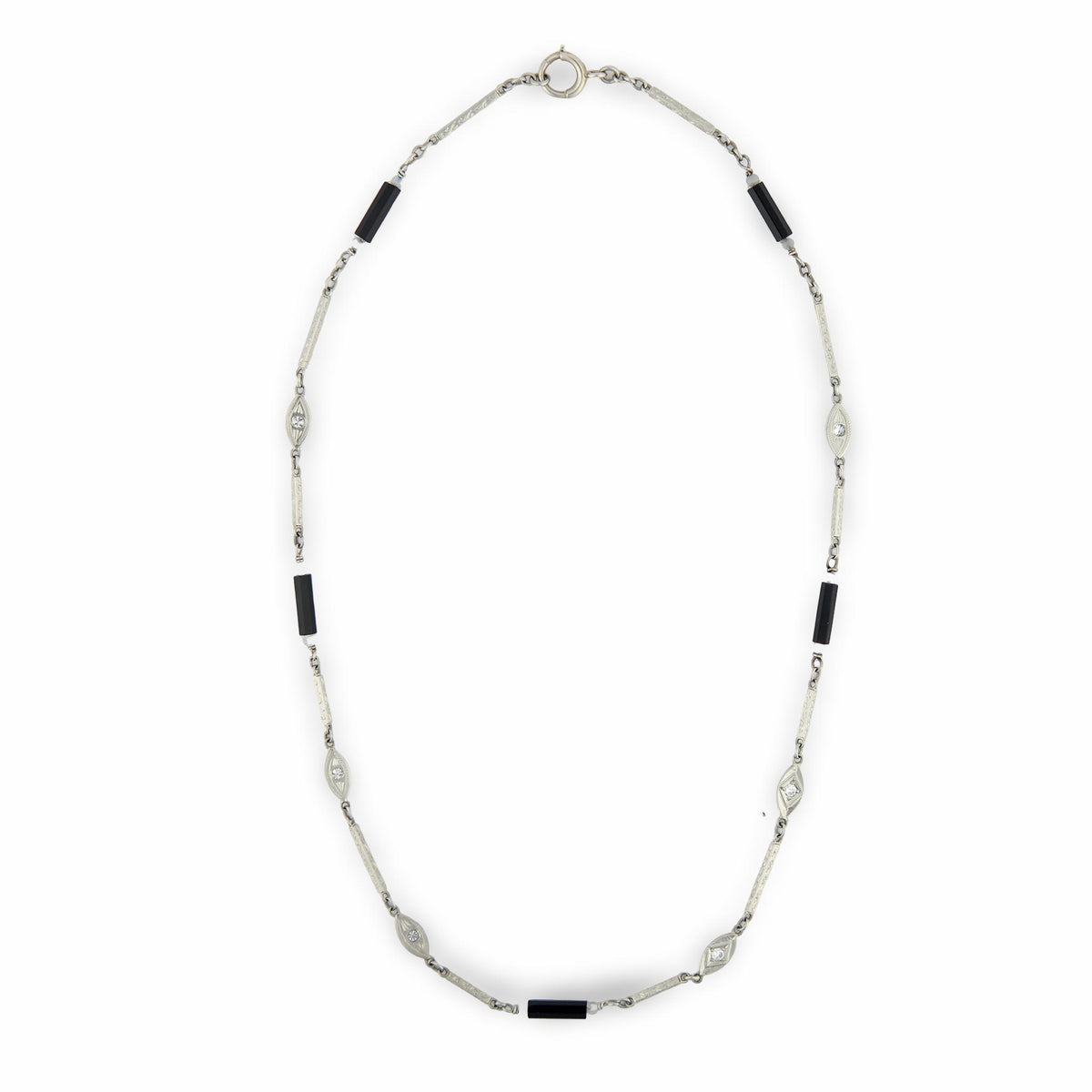 Art Deco 14k Diamond, Onyx, and Agate Chain Necklace