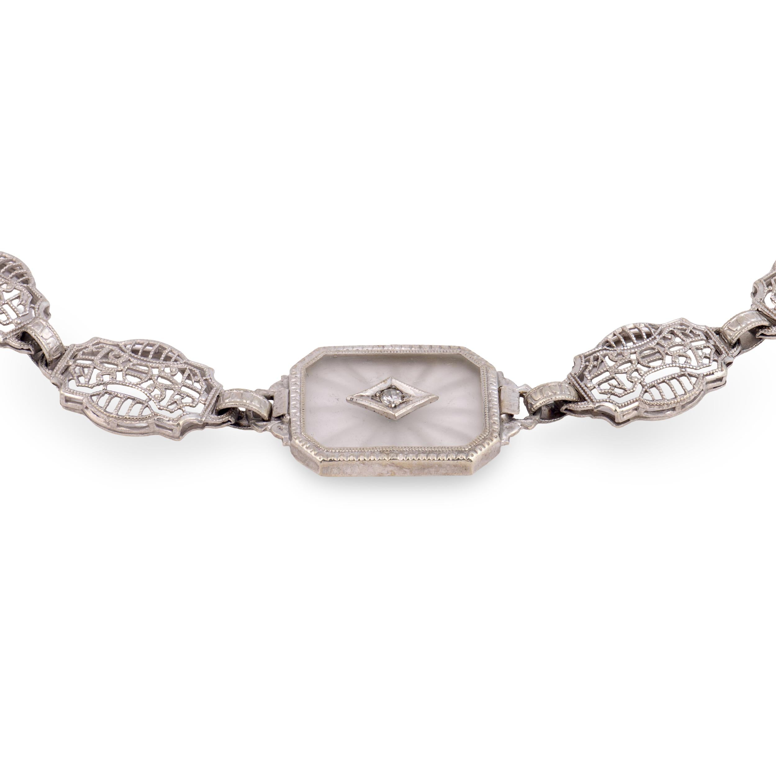 Art Deco 14k Rock Quartz Crystal & Diamond Belly Line Bracelet