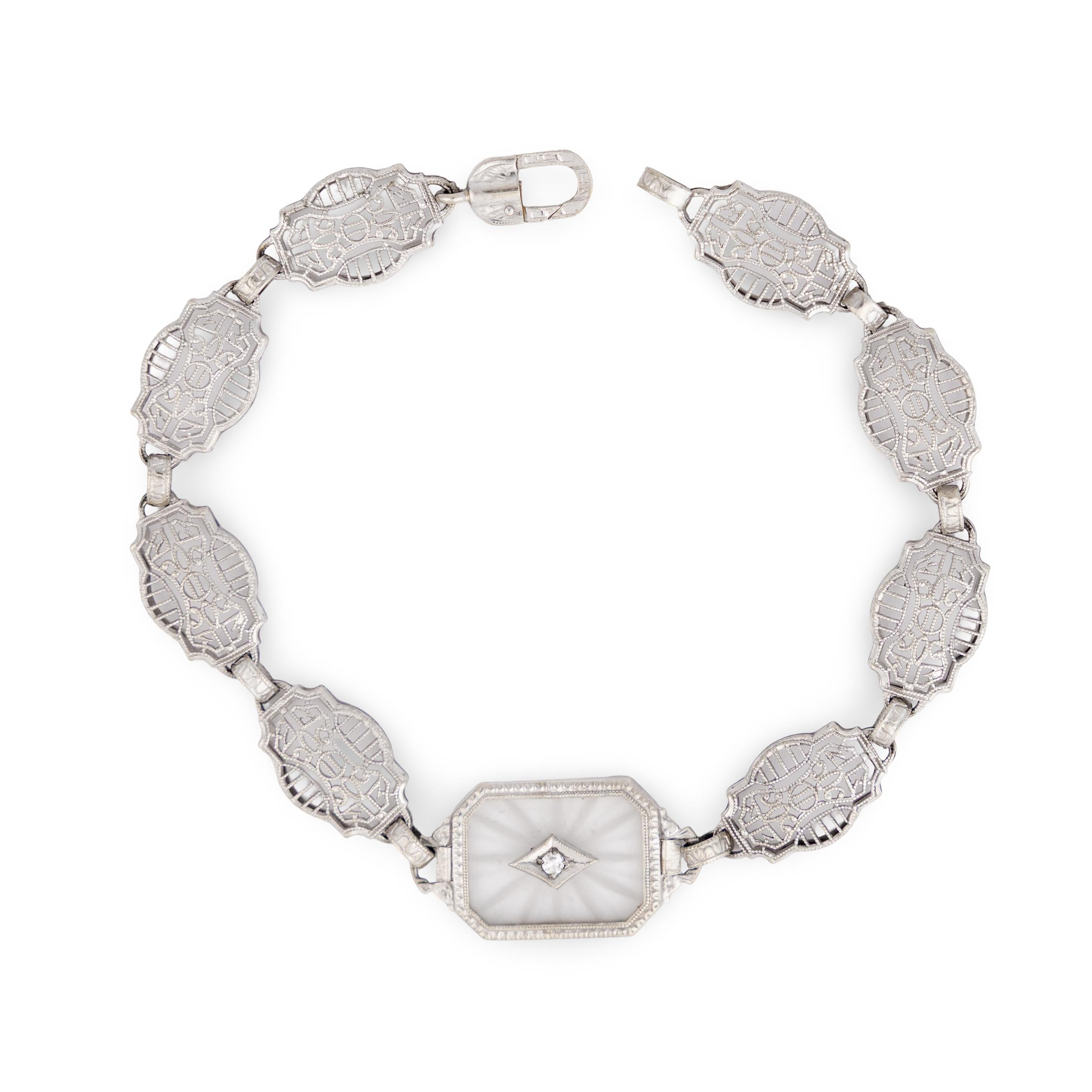 Art Deco 14k Rock Quartz Crystal & Diamond Belly Line Bracelet