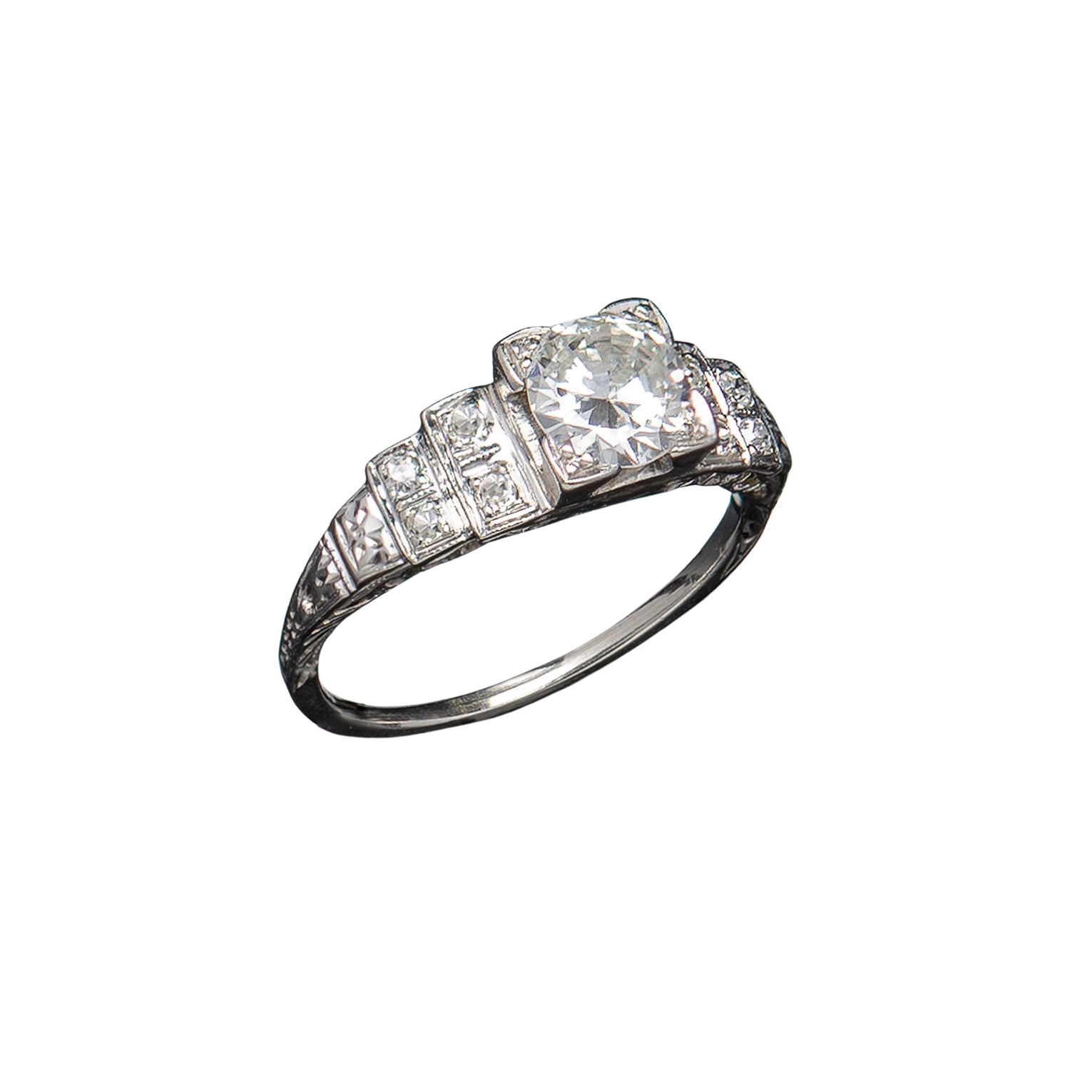 Art Deco Platinum Diamond Engagement Ring .82ct Center