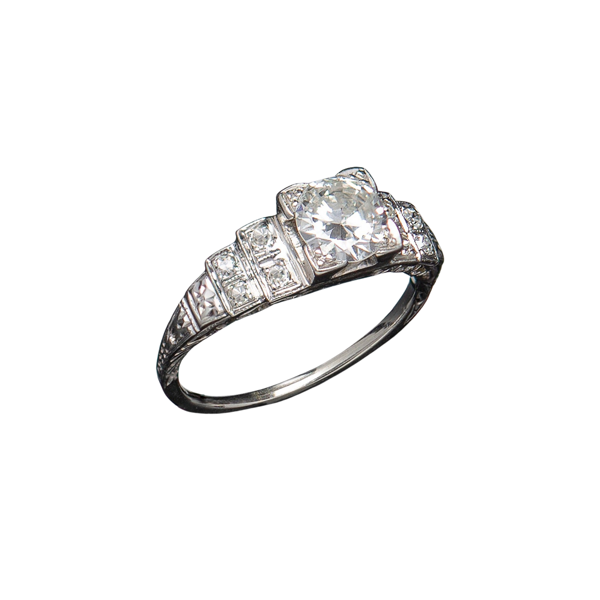 Art Deco Platinum Diamond Engagement Ring .82ct Center