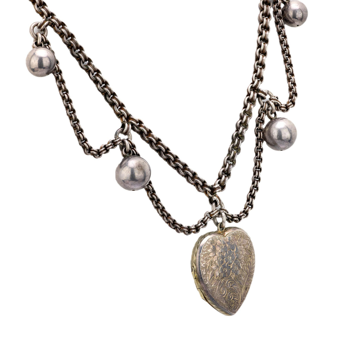 Edwardian Sterling Silver Heart Locket Pendant Festoon Necklace